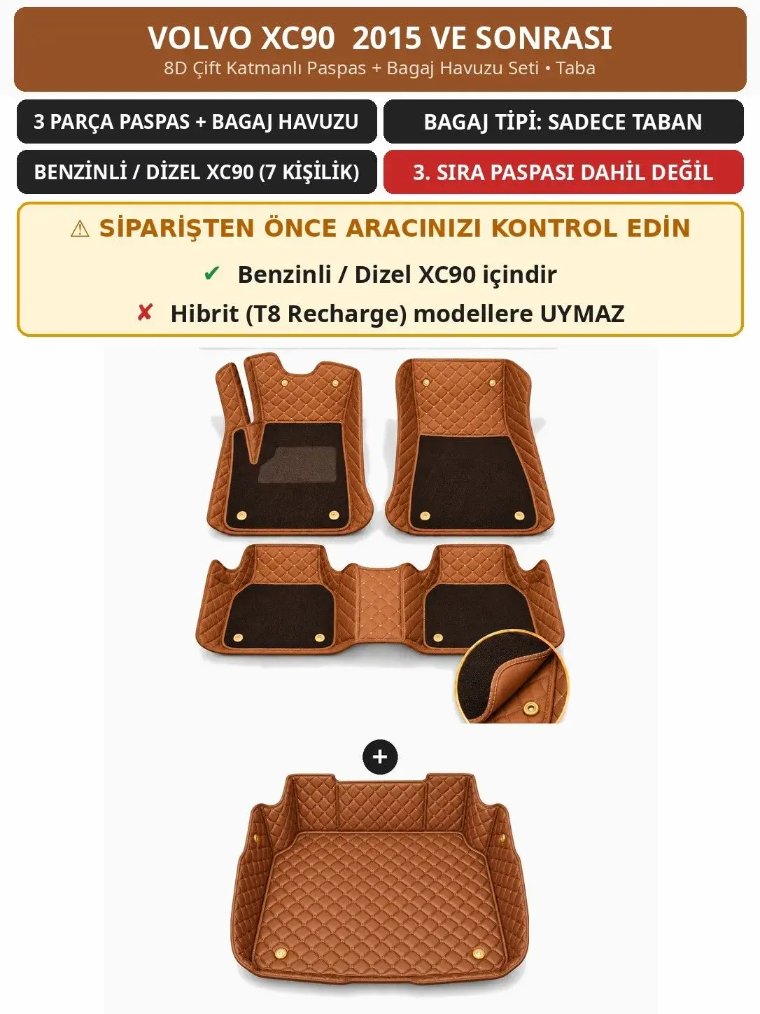 Volvo XC90 2015+ Benzinli/Dizel 8D Çift Katmanlı Paspas + Bagaj Havuzu Seti Taba 1