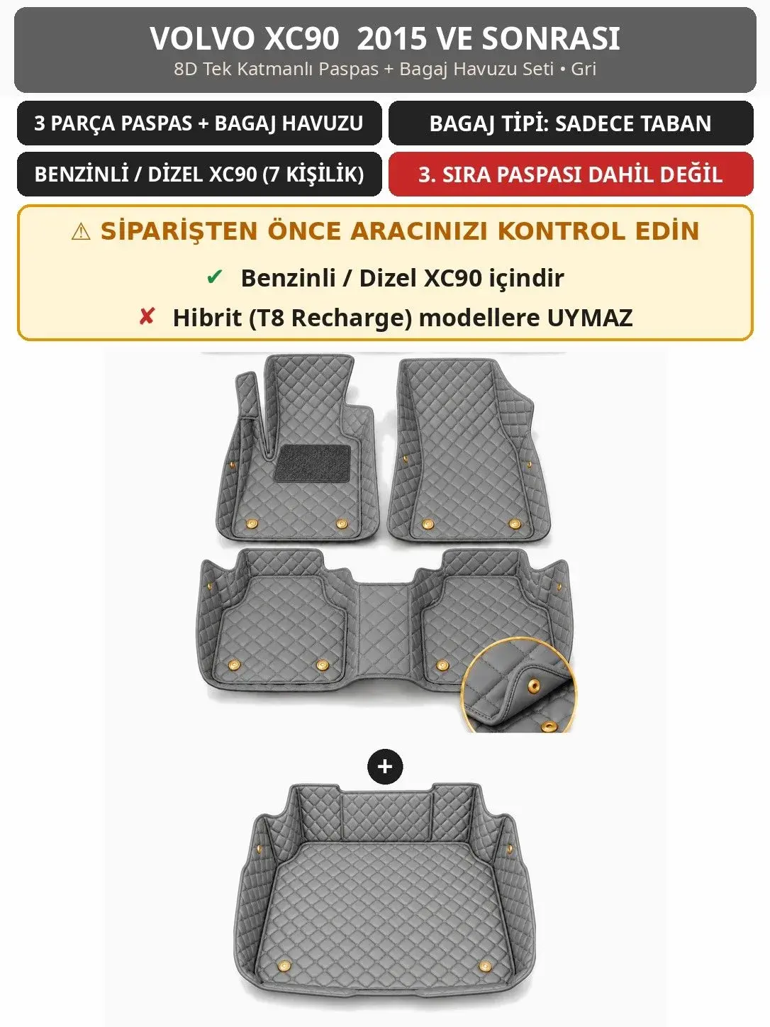 Volvo XC90 2015+ Benzinli/Dizel 8D Tek Katmanlı Paspas + Bagaj Havuzu Seti Gri 1
