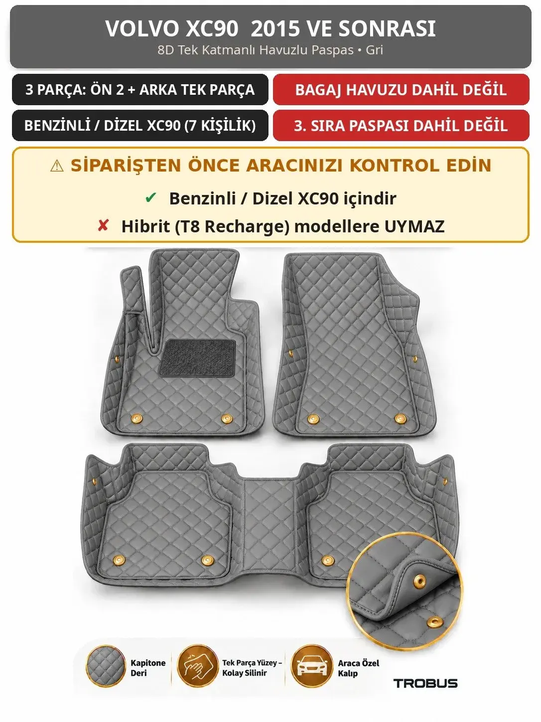 Volvo XC90 2015+ Benzinli/Dizel 8D Tek Katmanlı Havuzlu Paspas Kapitone Deri Gri 1