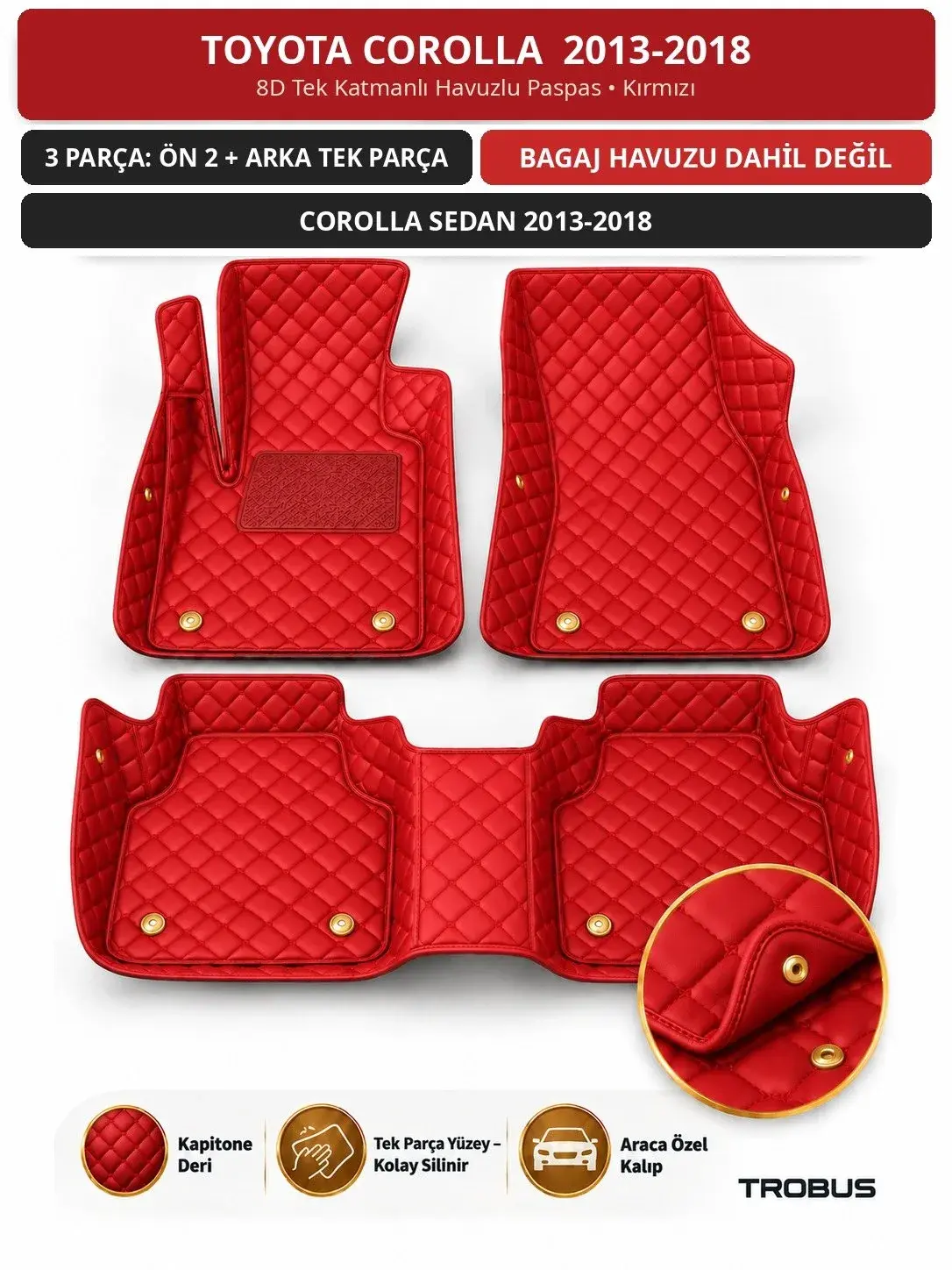 Toyota Corolla 2013-2018 8D Tek Katmanlı Havuzlu Paspas Kapitone Deri Kırmızı 1
