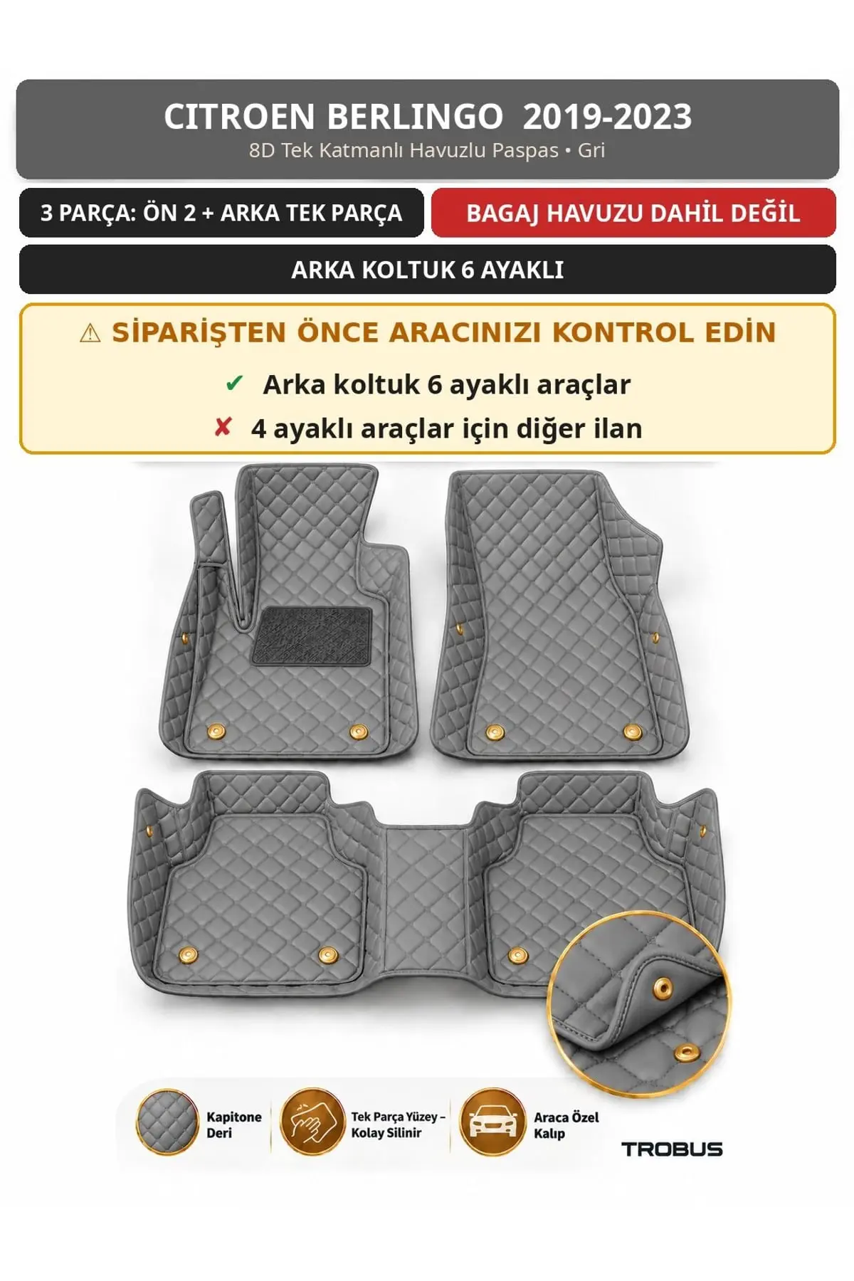 Citroen Berlingo 2019-2023 6 Ayaklı Arka Koltuk 8D Tek Katmanlı Havuzlu Paspas Deri Gri 1