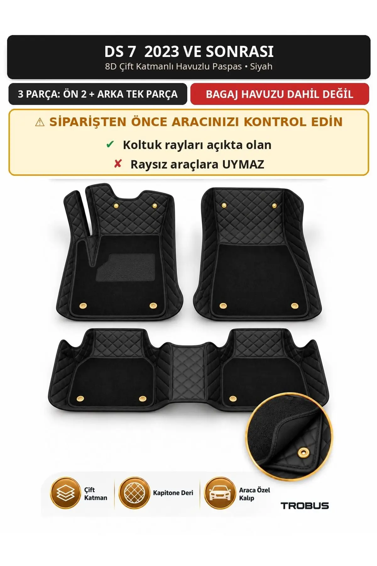 DS 7 2023+ 8D Çift Katmanlı Havuzlu Paspas Kapitone Deri Siyah 1