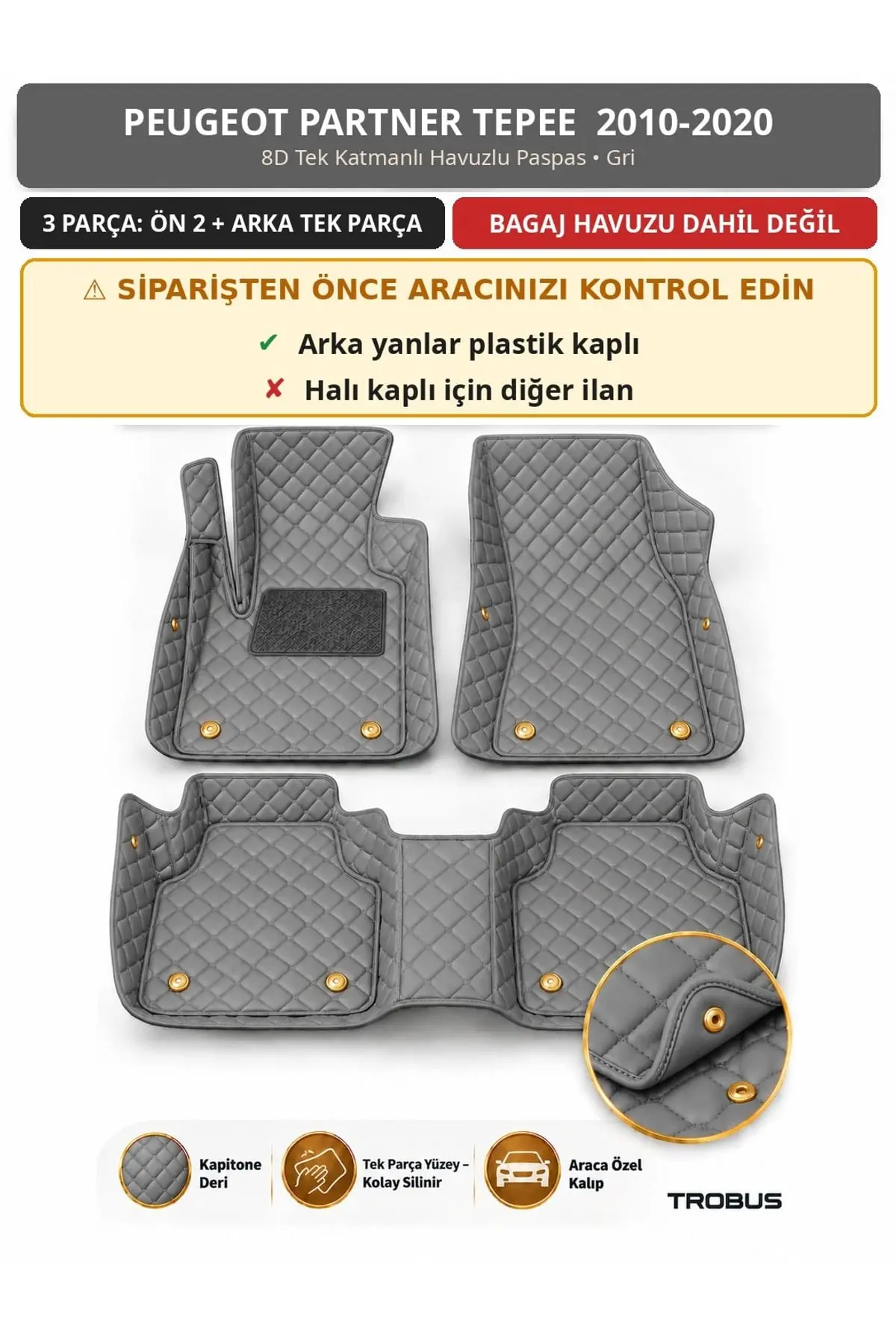 Peugeot Partner Tepee 2010-2020 Arka Yan Plastik 8D Tek Katmanlı Havuzlu Paspas Deri Gri 1