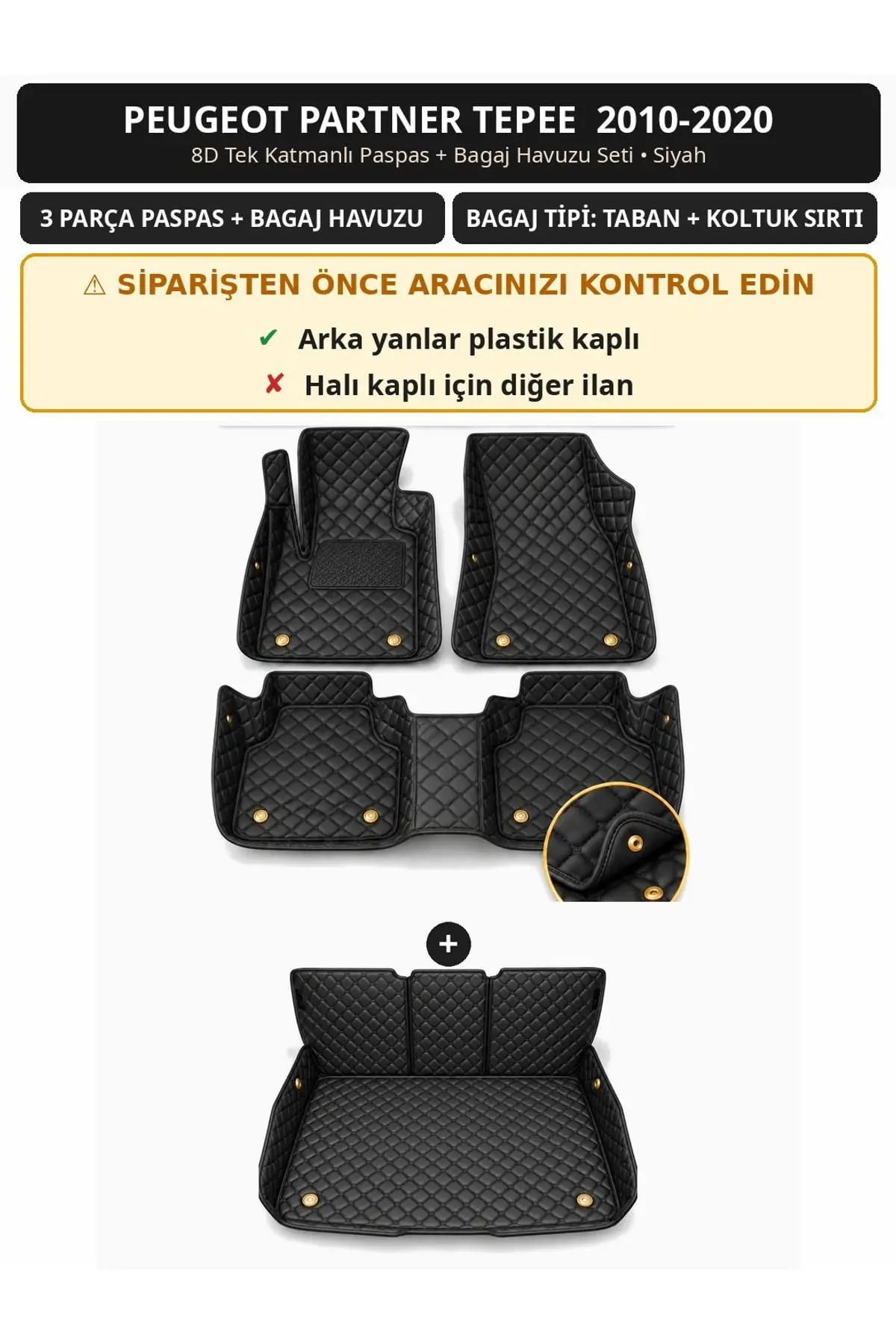 Peugeot Partner Tepee 2010-2020 Arka Yan Plastik 8D Tek Katmanlı Paspas + Bagaj Havuzu Seti Siyah 1
