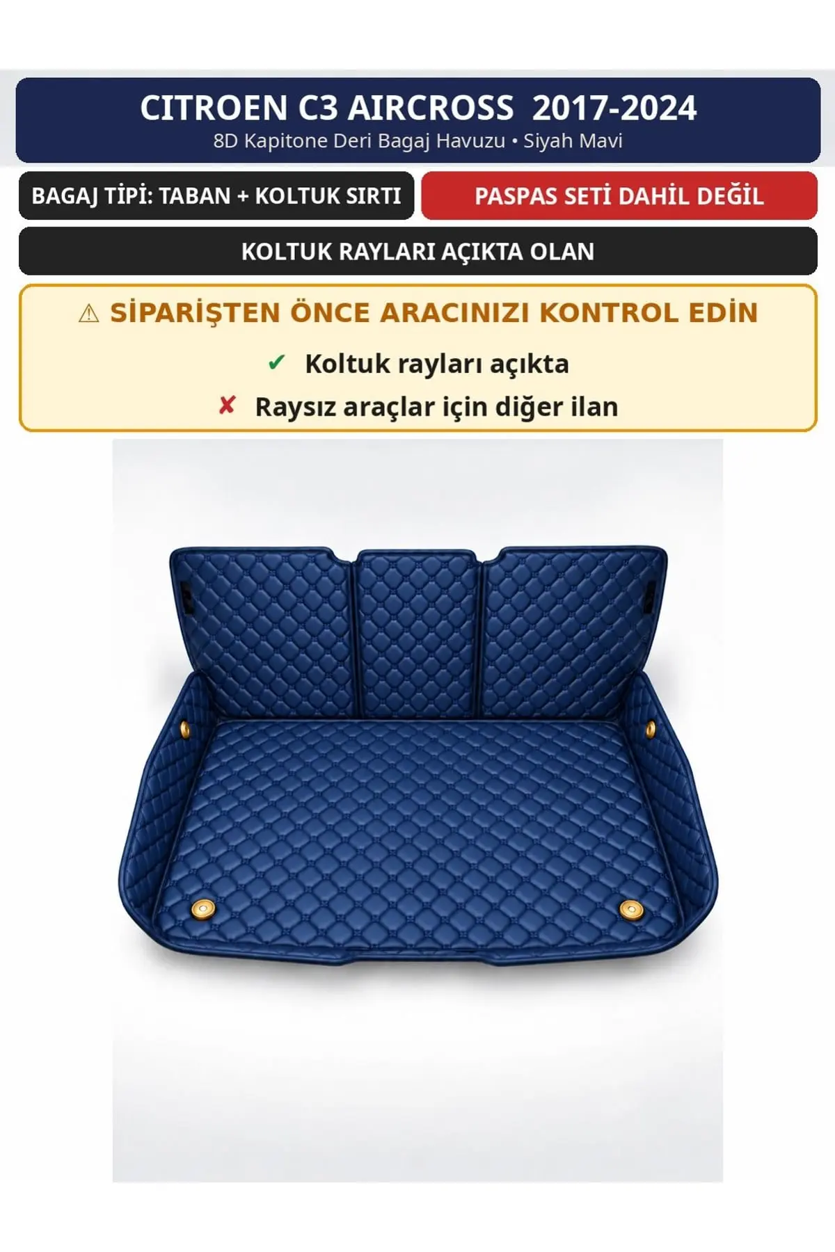 Citroen C3 Aircross 2017-2024 Koltuk Rayı Açık 8D Deri Bagaj Havuzu Sırt Kaplamalı Siyah Mavi 1