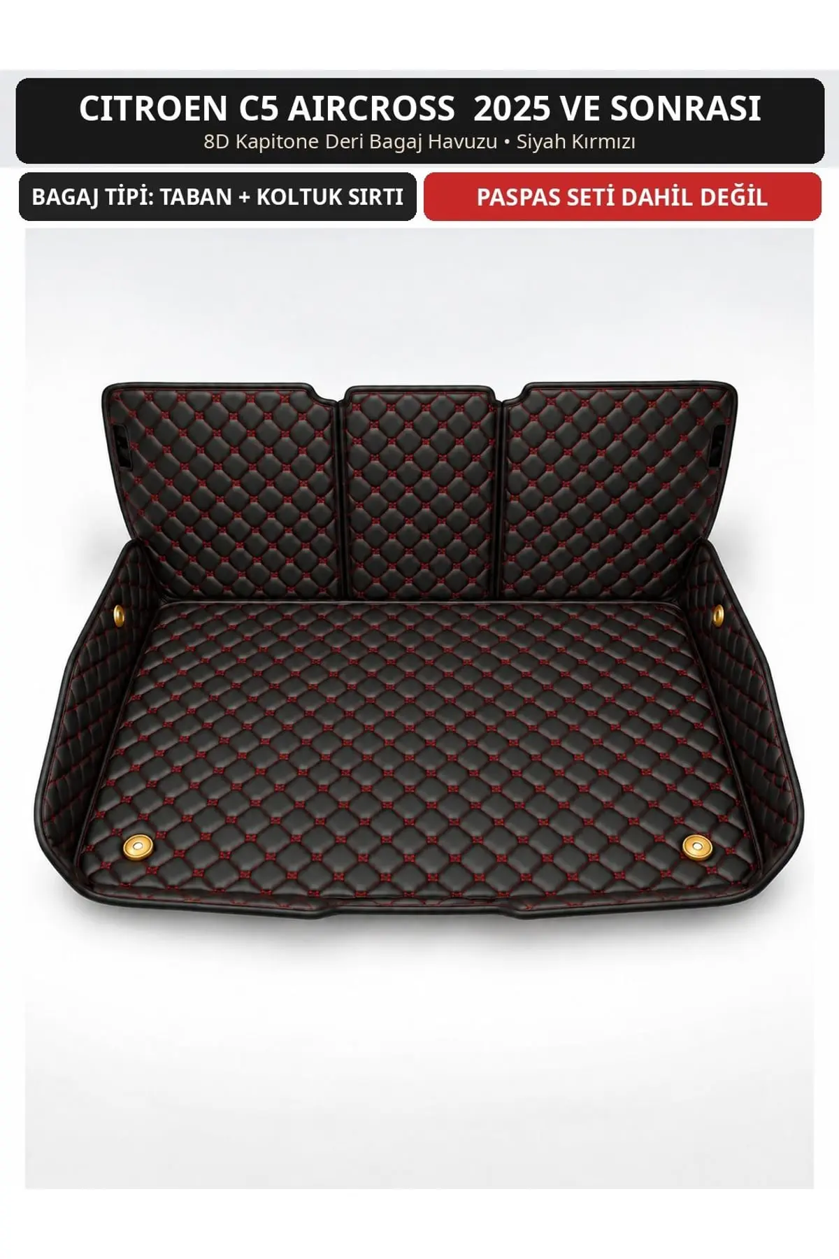 Citroen C5 Aircross 2025+ 8D Kapitone Deri Bagaj Havuzu Sırt Kaplamalı Siyah Kırmızı 1