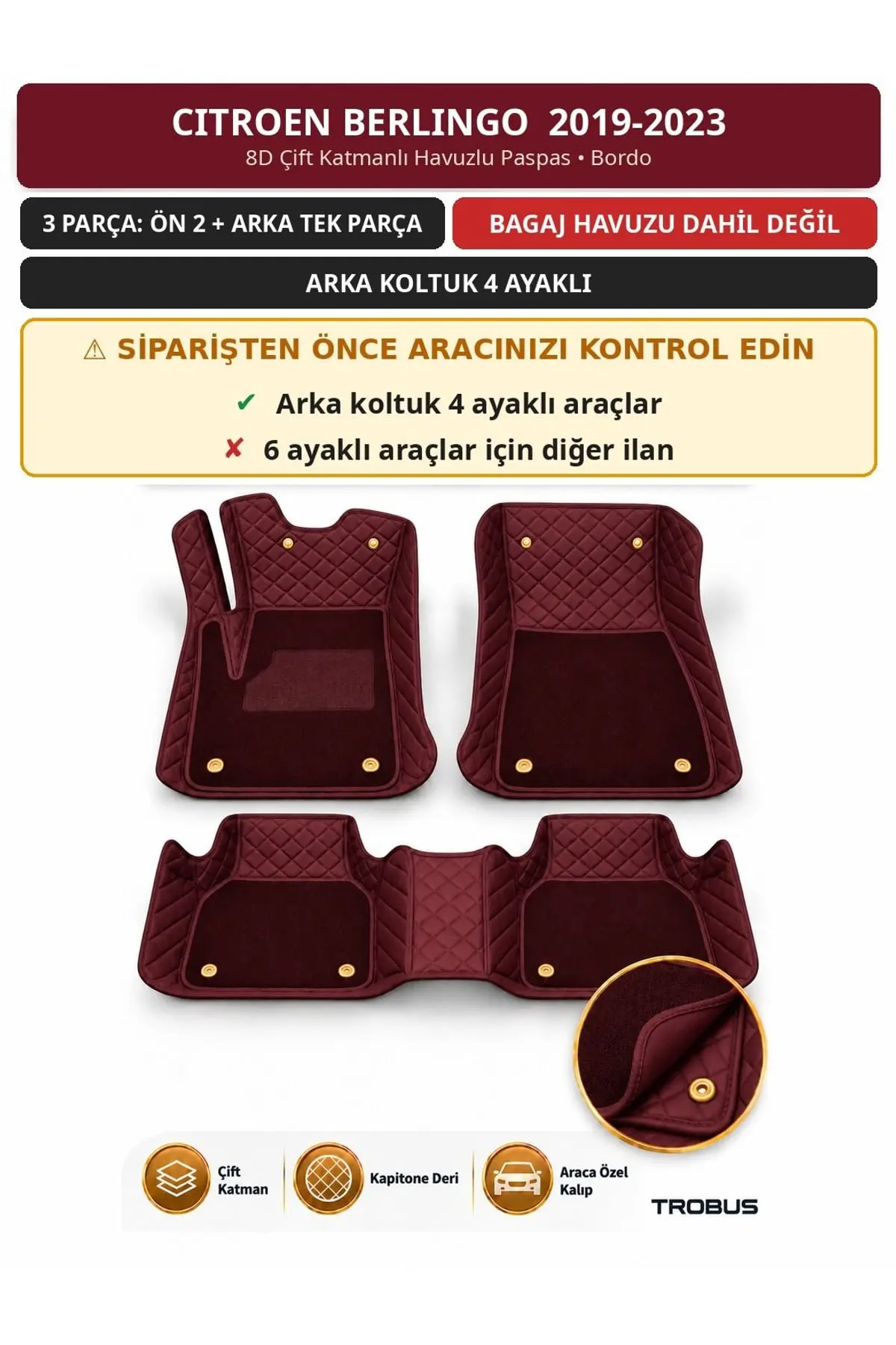 Citroen Berlingo 2019-2023 4 Ayaklı Arka Koltuk 8D Çift Katmanlı Havuzlu Paspas Deri Bordo 1