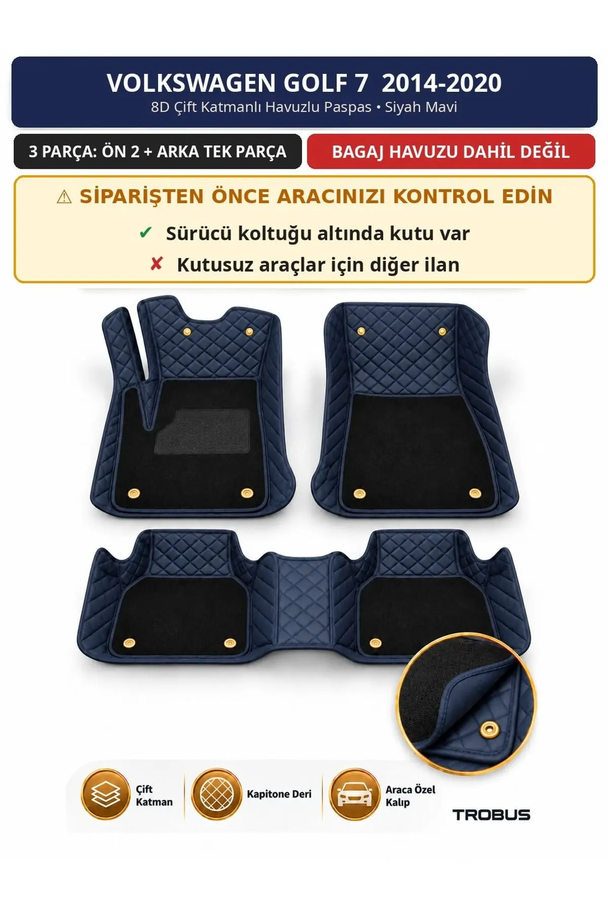 Volkswagen Golf 7 2014-2020 Koltuk Altı Kutulu 8D Çift Katmanlı Paspas Deri Siyah Mavi 1