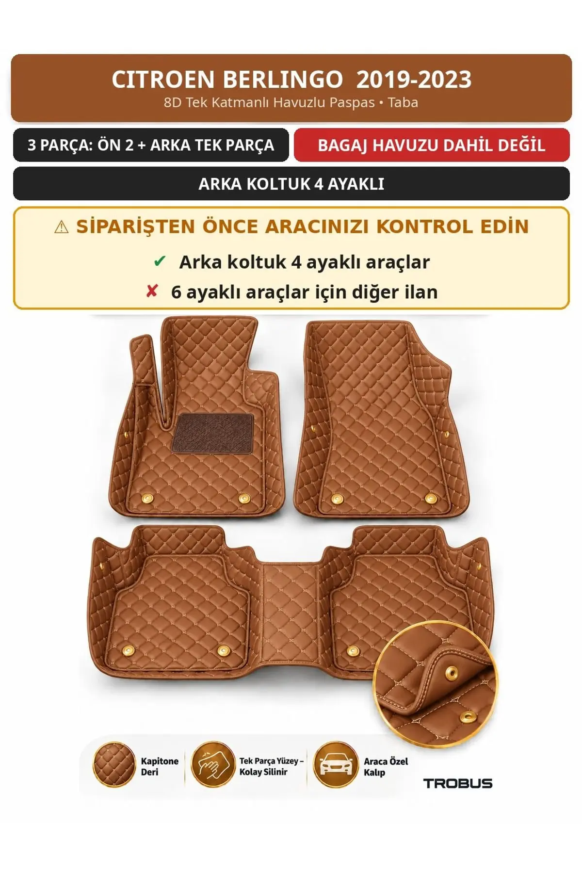 Citroen Berlingo 2019-2023 4 Ayaklı Arka Koltuk 8D Tek Katmanlı Havuzlu Paspas Deri Taba 1