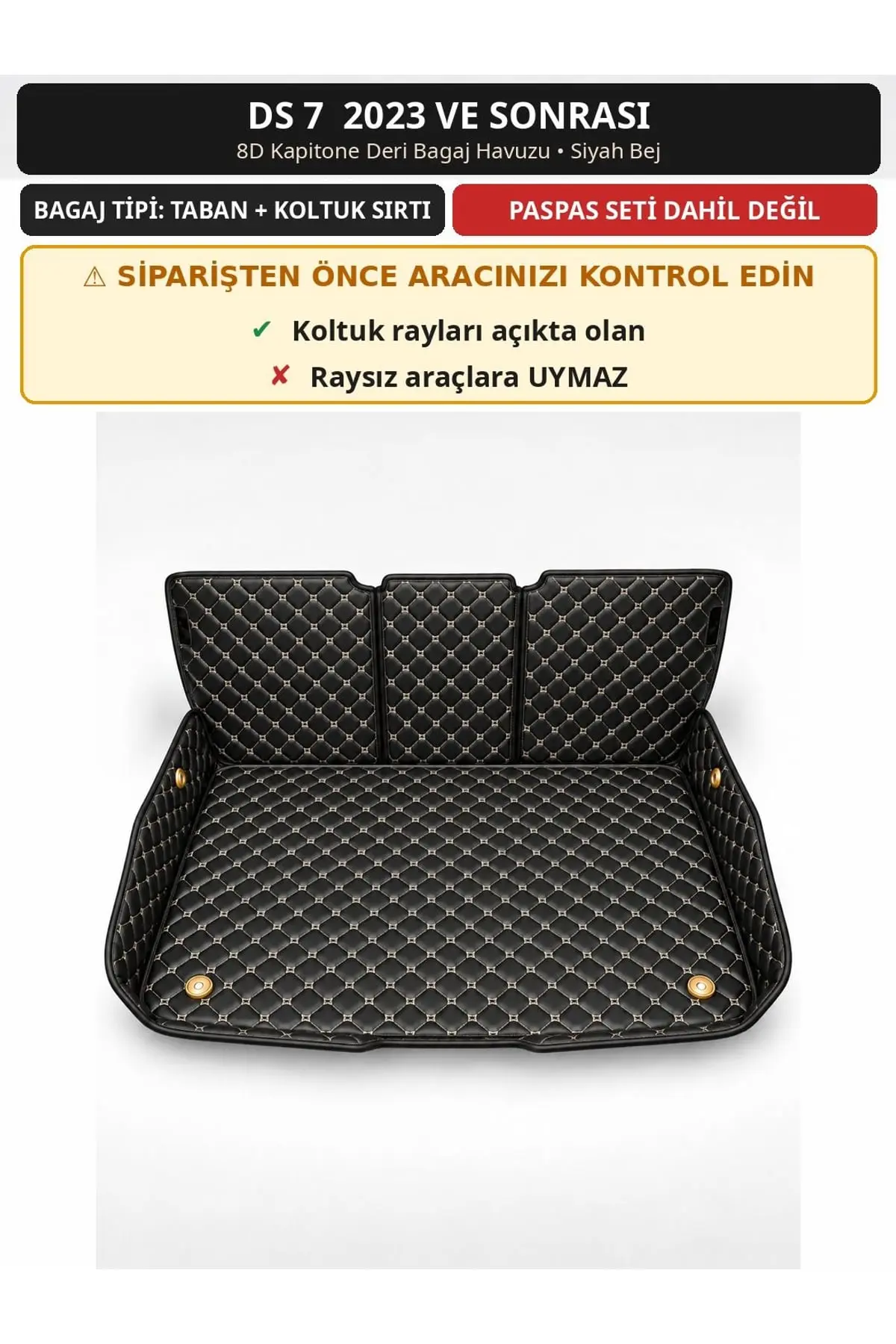DS 7 2023+ 8D Kapitone Deri Bagaj Havuzu Sırt Kaplamalı Siyah Bej 1