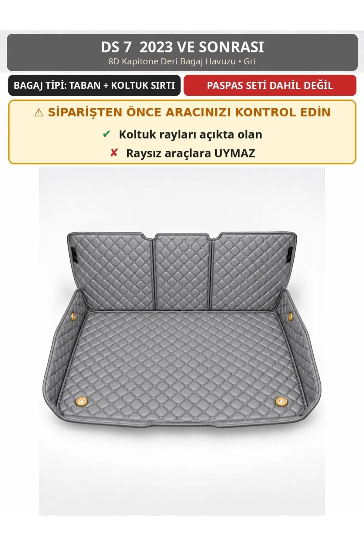 DS 7 2023+ 8D Kapitone Deri Bagaj Havuzu Sırt Kaplamalı Gri 1