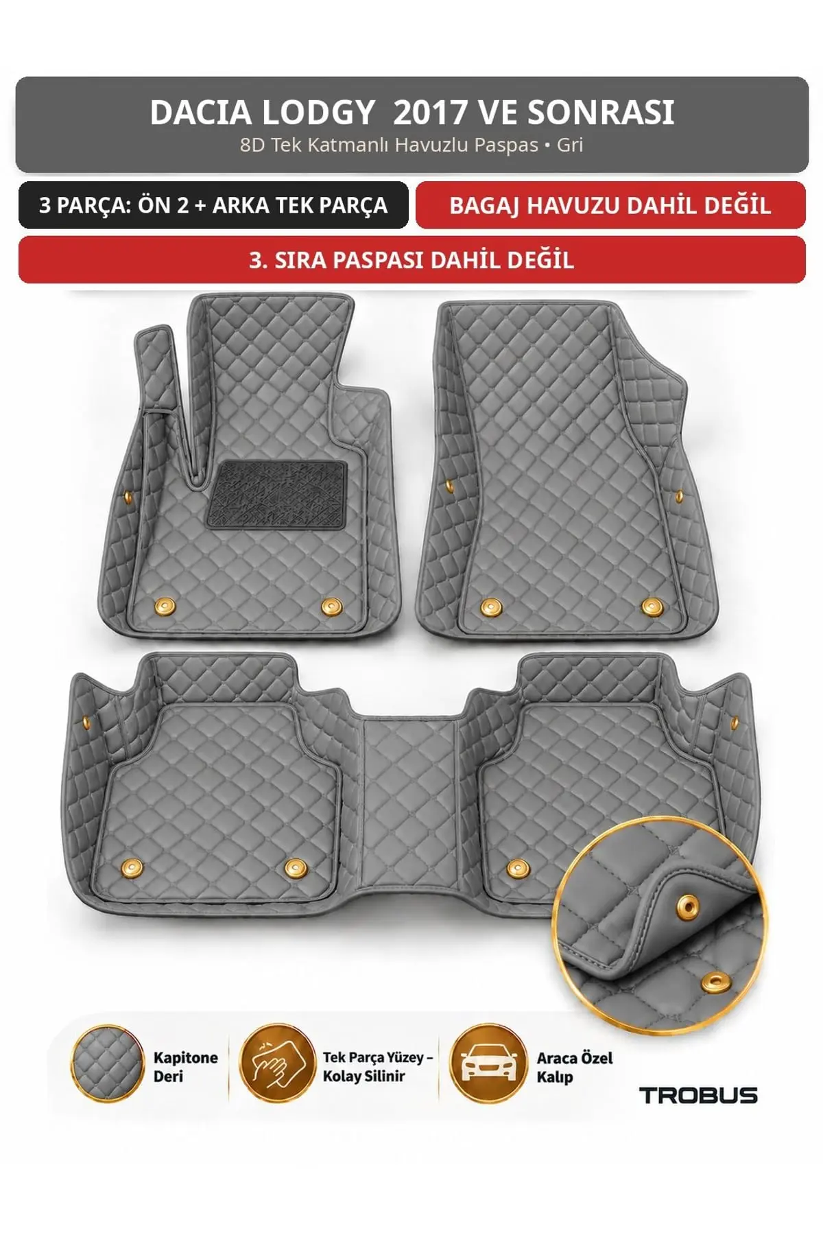 Dacia Lodgy 2017+ 8D Tek Katmanlı Havuzlu Paspas Kapitone Deri Gri 1