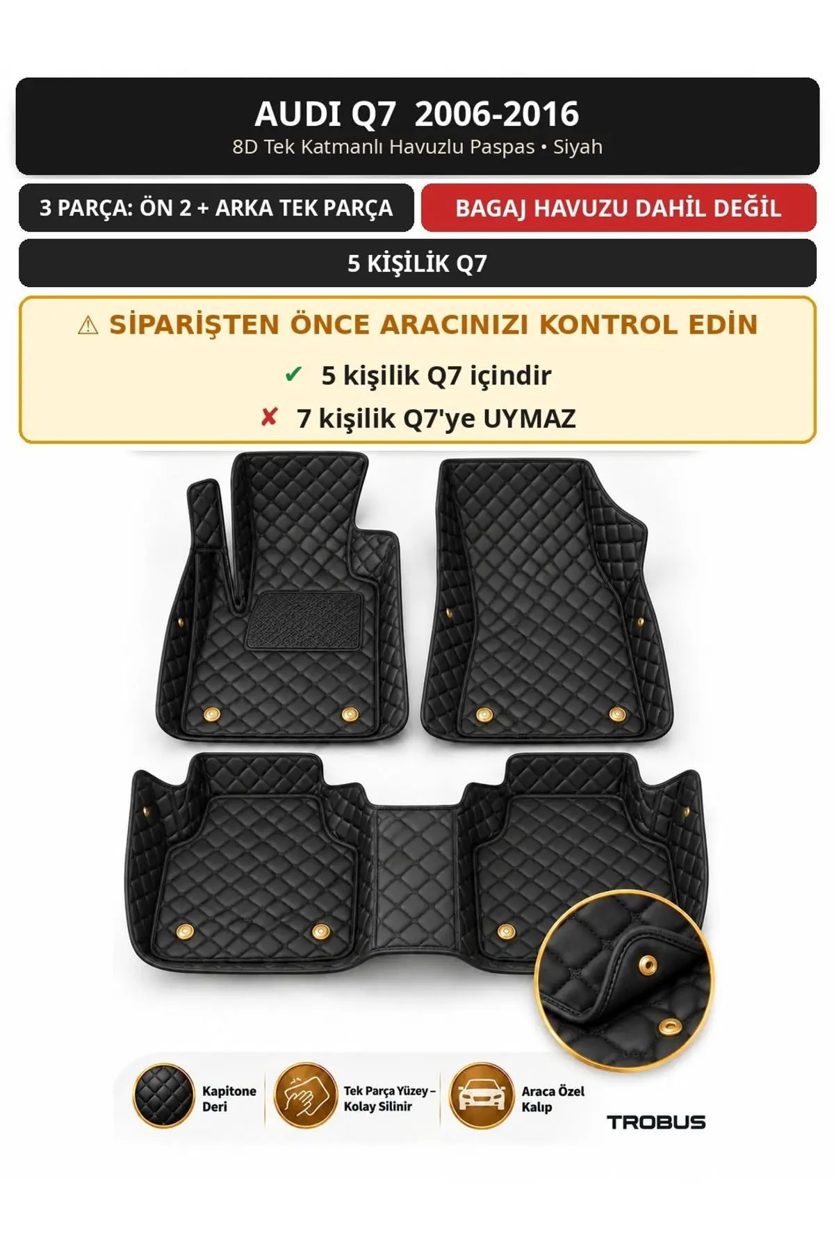 Audi Q7 2006-2016 5 Kişilik 8D Tek Katmanlı Havuzlu Paspas Kapitone Deri Siyah 1