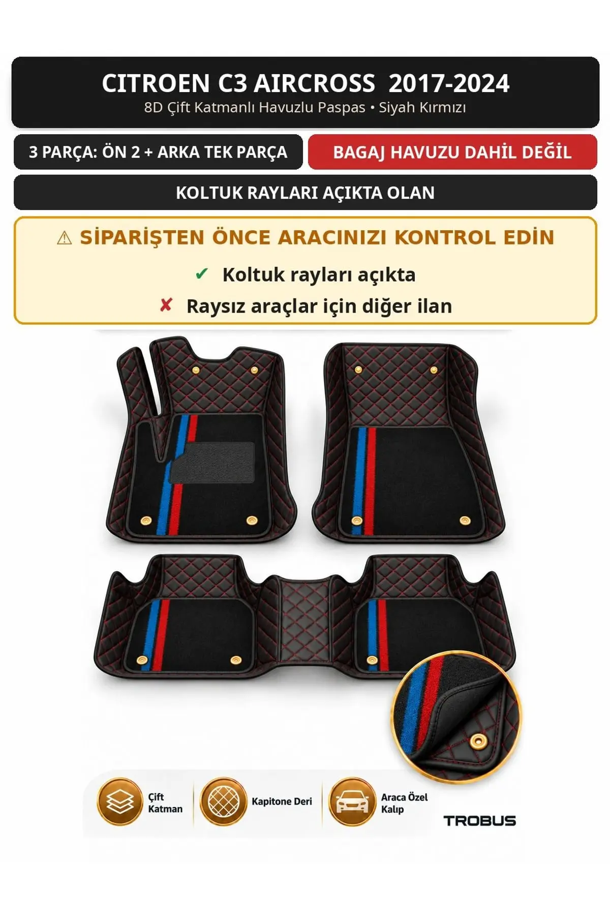 Citroen C3 Aircross 2017-2024 Koltuk Rayı Açık 8D Çift Katmanlı Paspas Deri Siyah Kırmızı 1