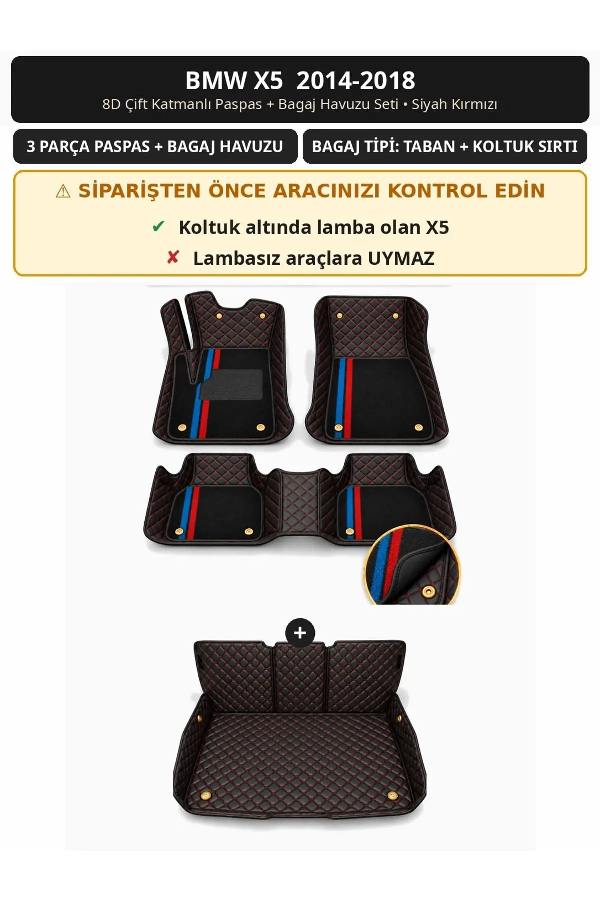 BMW X5 2014-2018 8D Çift Katmanlı Paspas + Bagaj Havuzu Seti Siyah Kırmızı 1
