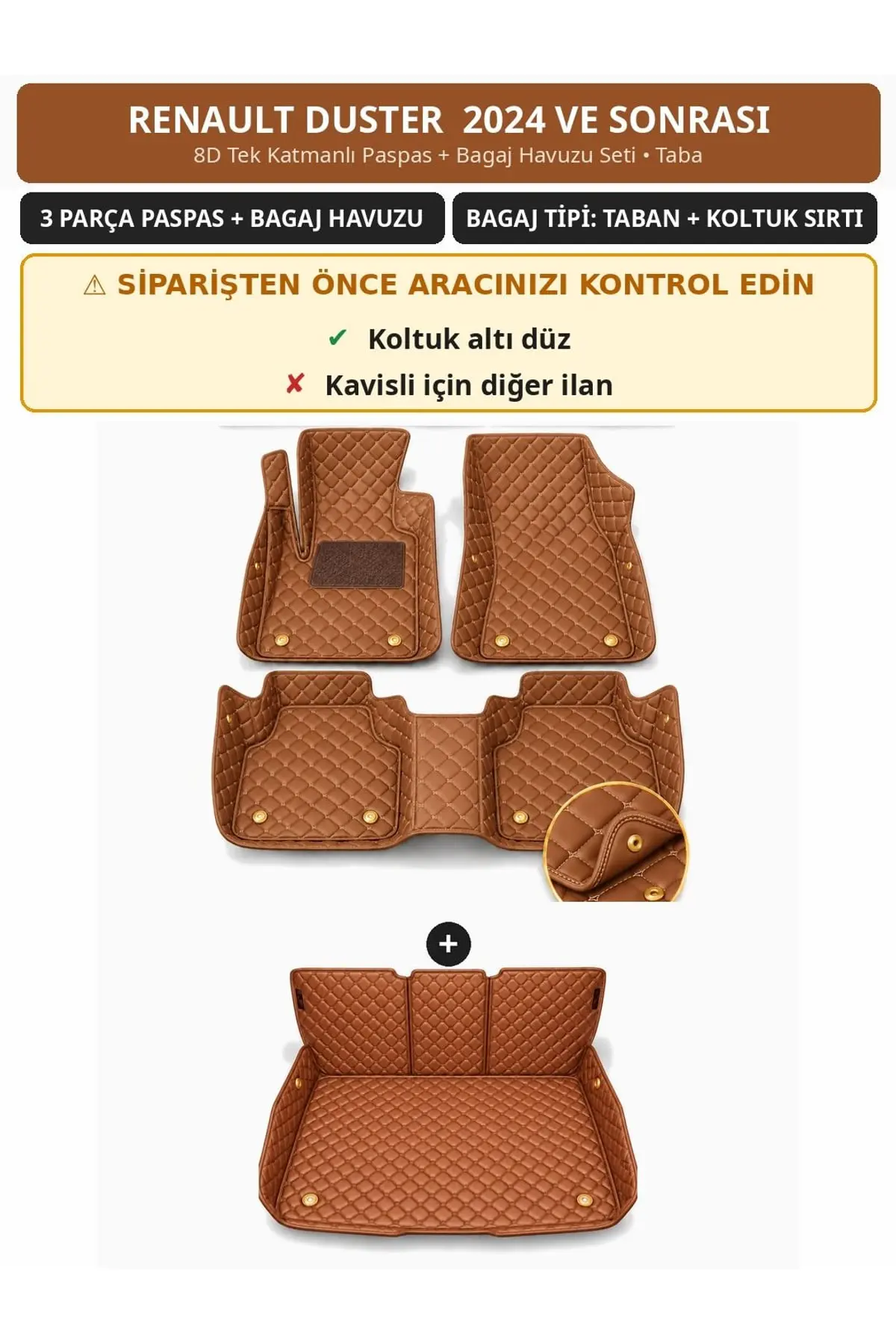 Renault Duster 2024+ Düz Koltuk Altı 8D Tek Katmanlı Paspas + Bagaj Havuzu Seti Taba 1
