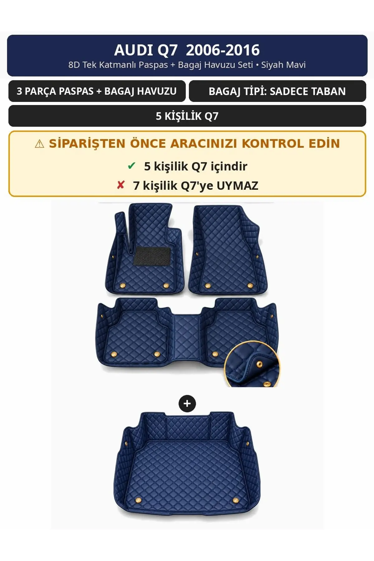 Audi Q7 2006-2016 5 Kişilik 8D Tek Katmanlı Paspas + Bagaj Havuzu Seti Siyah Mavi 1