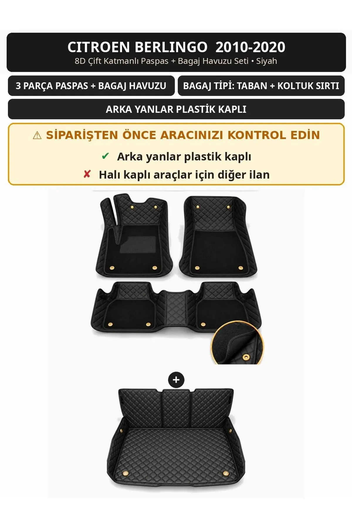 Citroen Berlingo 2010-2020 Arka Yan Plastik 8D Çift Katmanlı Paspas + Bagaj Havuzu Seti Siyah 1