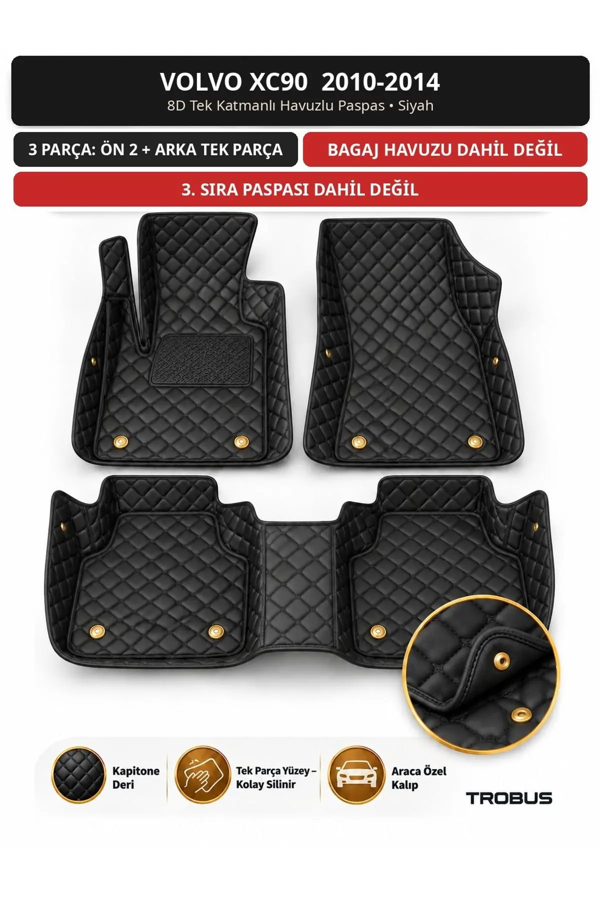 Volvo XC90 2010-2014 8D Tek Katmanlı Havuzlu Paspas Kapitone Deri Siyah 1
