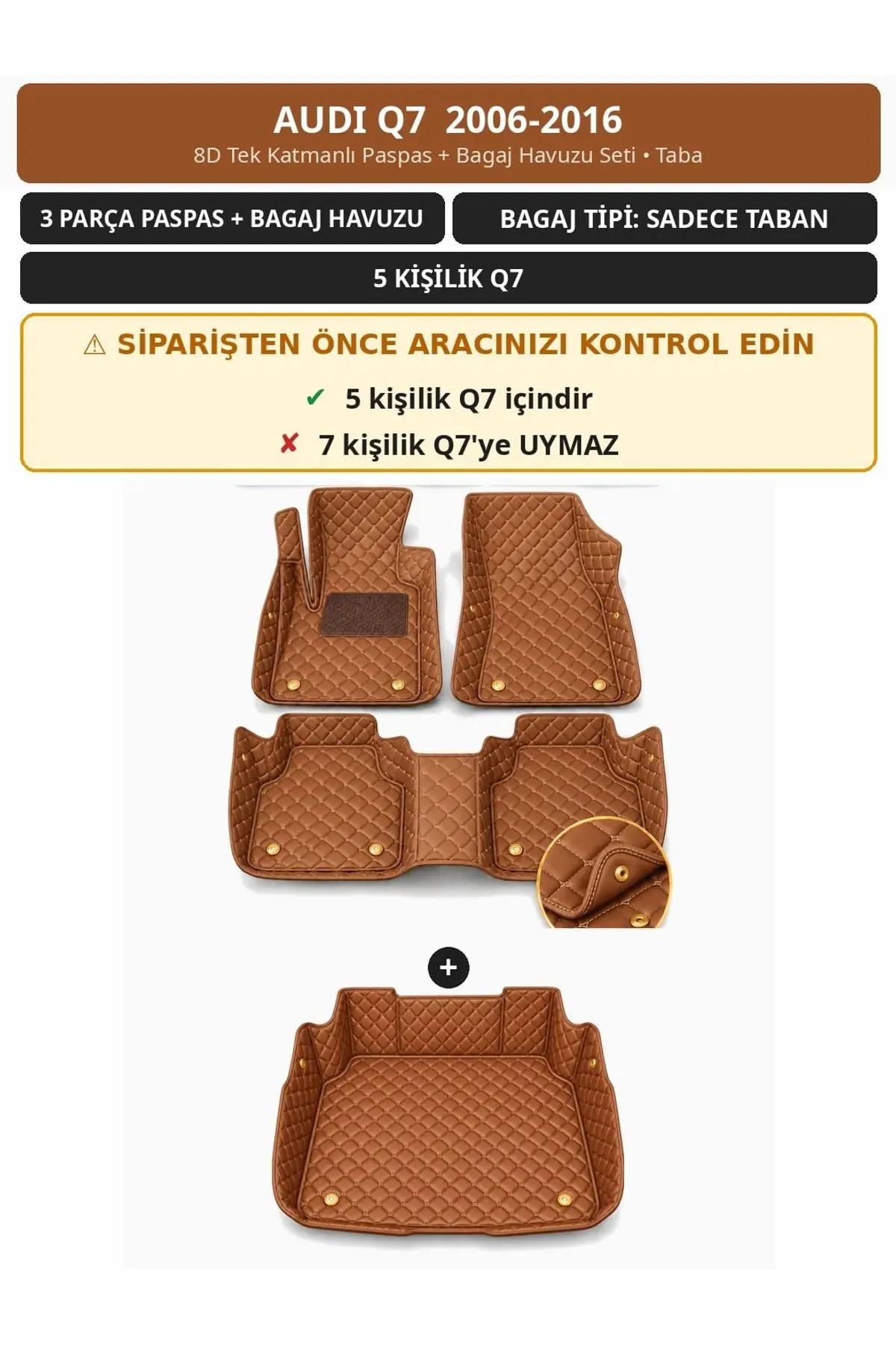 Audi Q7 2006-2016 5 Kişilik 8D Tek Katmanlı Paspas + Bagaj Havuzu Seti Taba 1