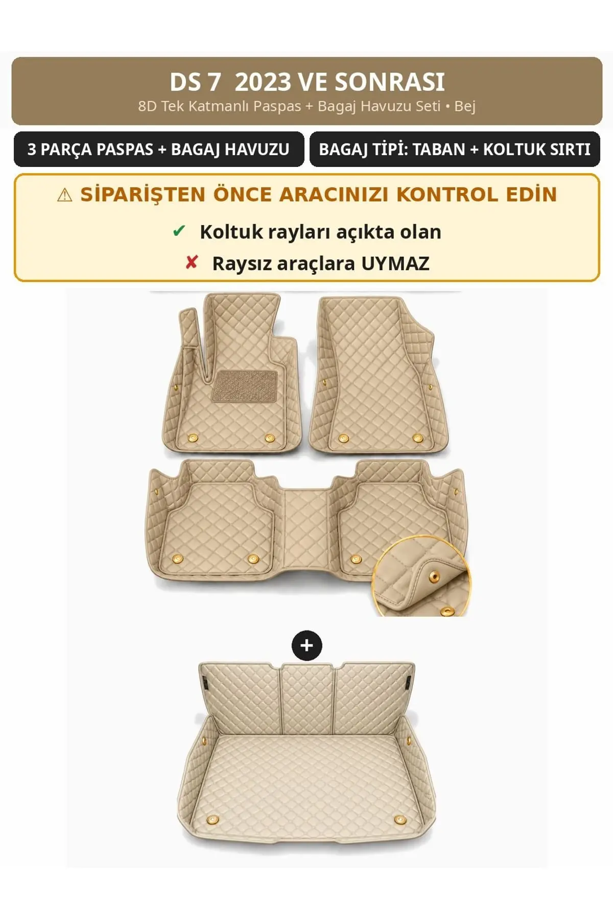 DS 7 2023+ 8D Tek Katmanlı Paspas + Bagaj Havuzu Seti Bej 1