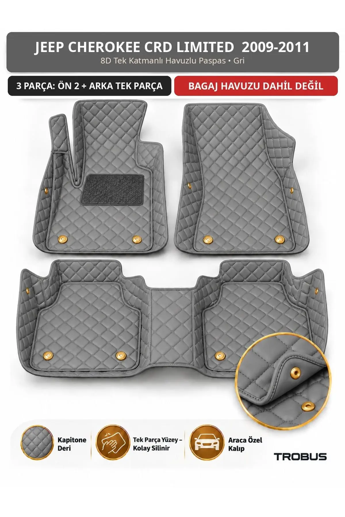 Jeep Cherokee CRD Limited 2009-2011 8D Tek Katmanlı Havuzlu Paspas Kapitone Deri Gri 1