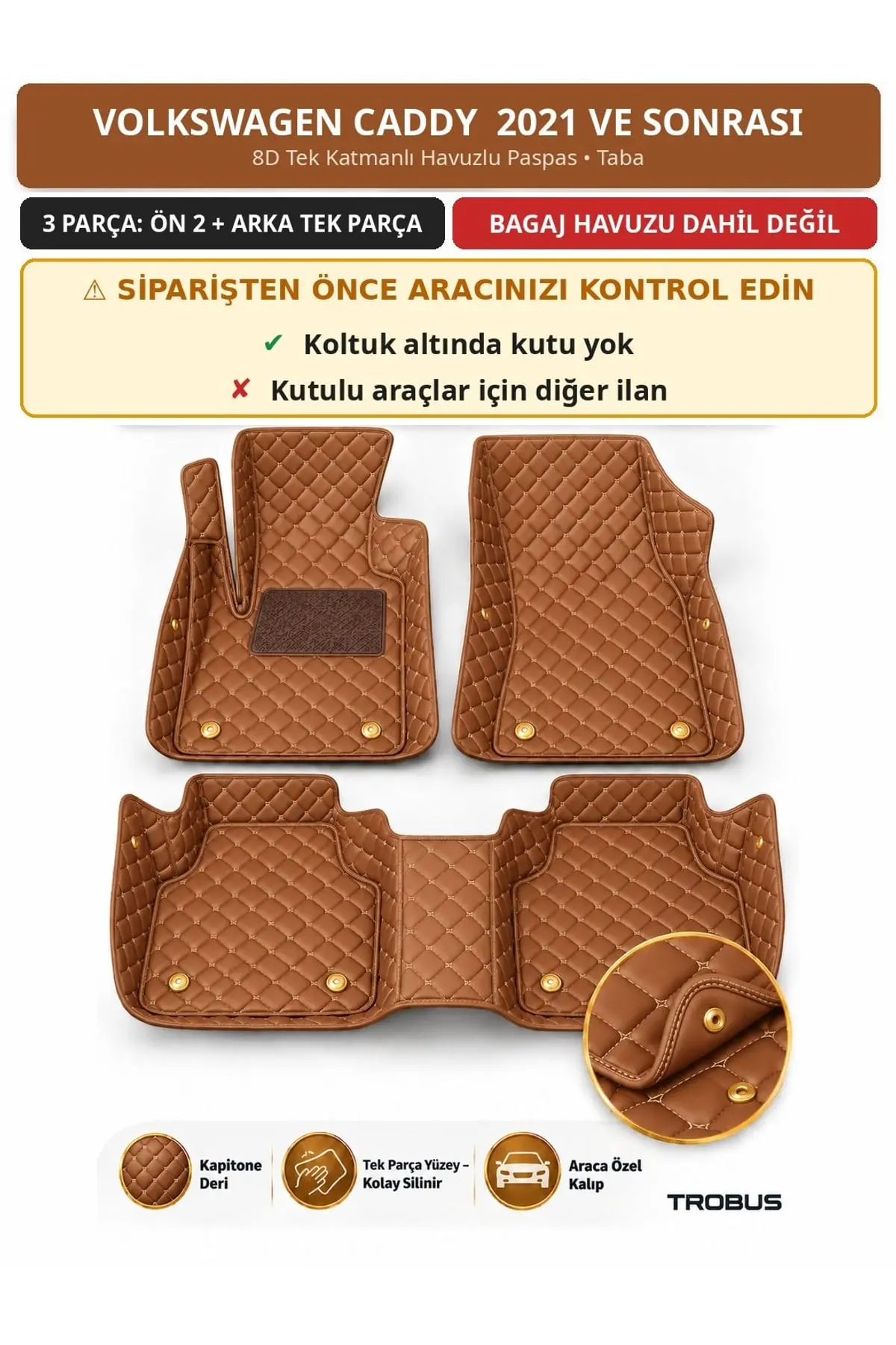 Volkswagen Caddy 2021+ Kutusuz 8D Tek Katmanlı Havuzlu Paspas Kapitone Deri Taba 1