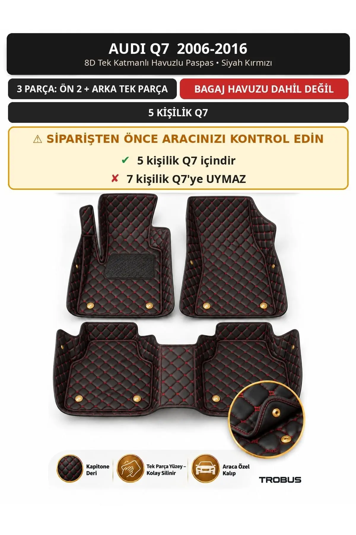Audi Q7 2006-2016 5 Kişilik 8D Tek Katmanlı Havuzlu Paspas Kapitone Deri Siyah Kırmızı 1