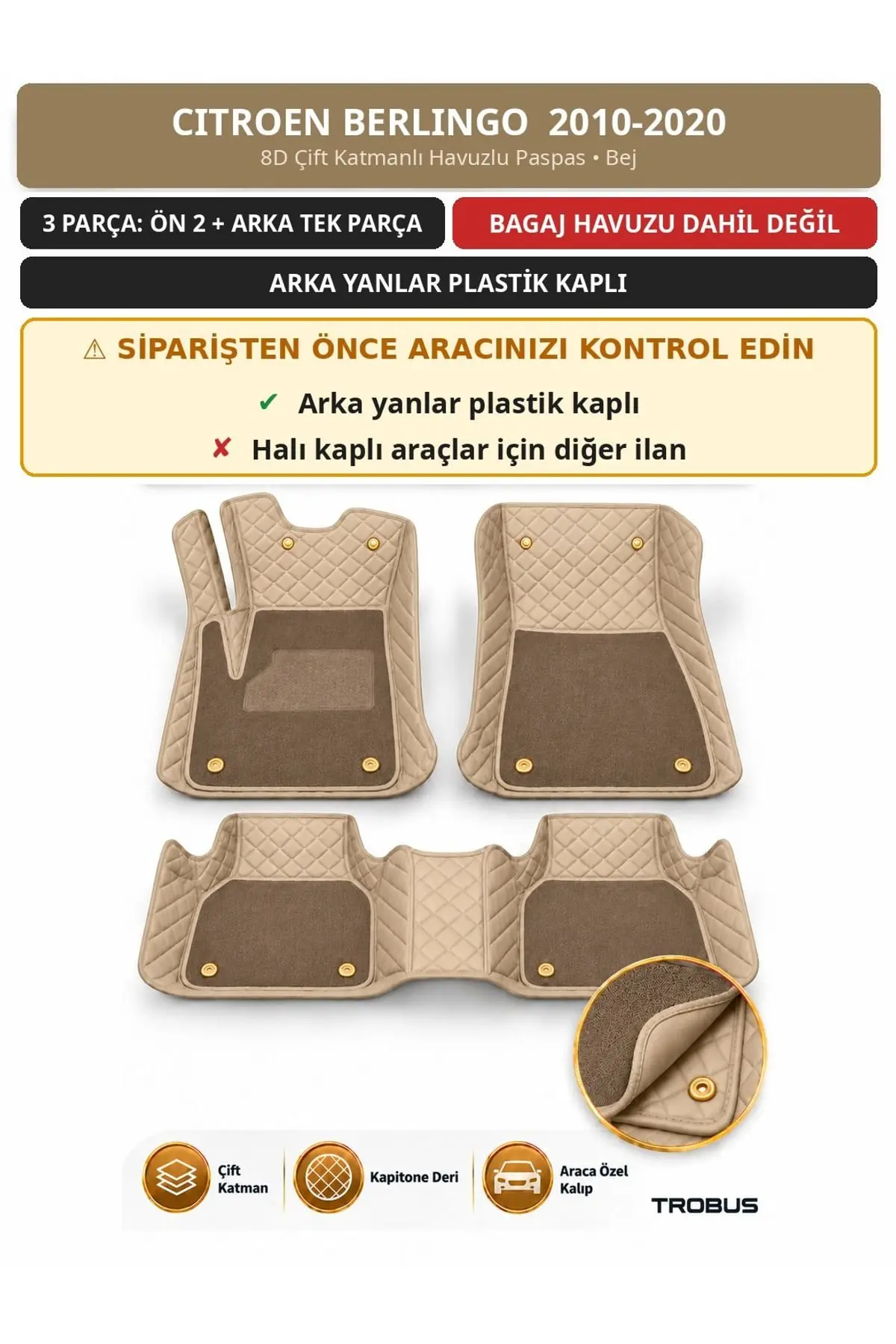 Citroen Berlingo 2010-2020 Arka Yan Plastik 8D Çift Katmanlı Havuzlu Paspas Kapitone Deri Bej 1