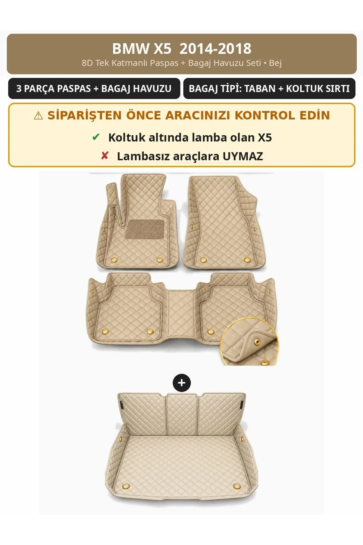BMW X5 2014-2018 8D Tek Katmanlı Paspas + Bagaj Havuzu Seti Bej 1