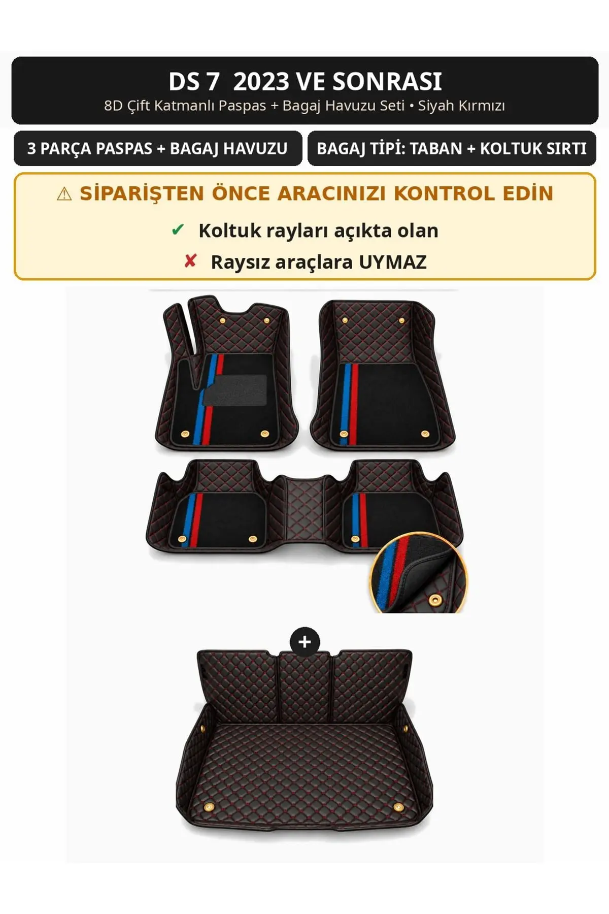 DS 7 2023+ 8D Çift Katmanlı Paspas + Bagaj Havuzu Seti Siyah Kırmızı 1