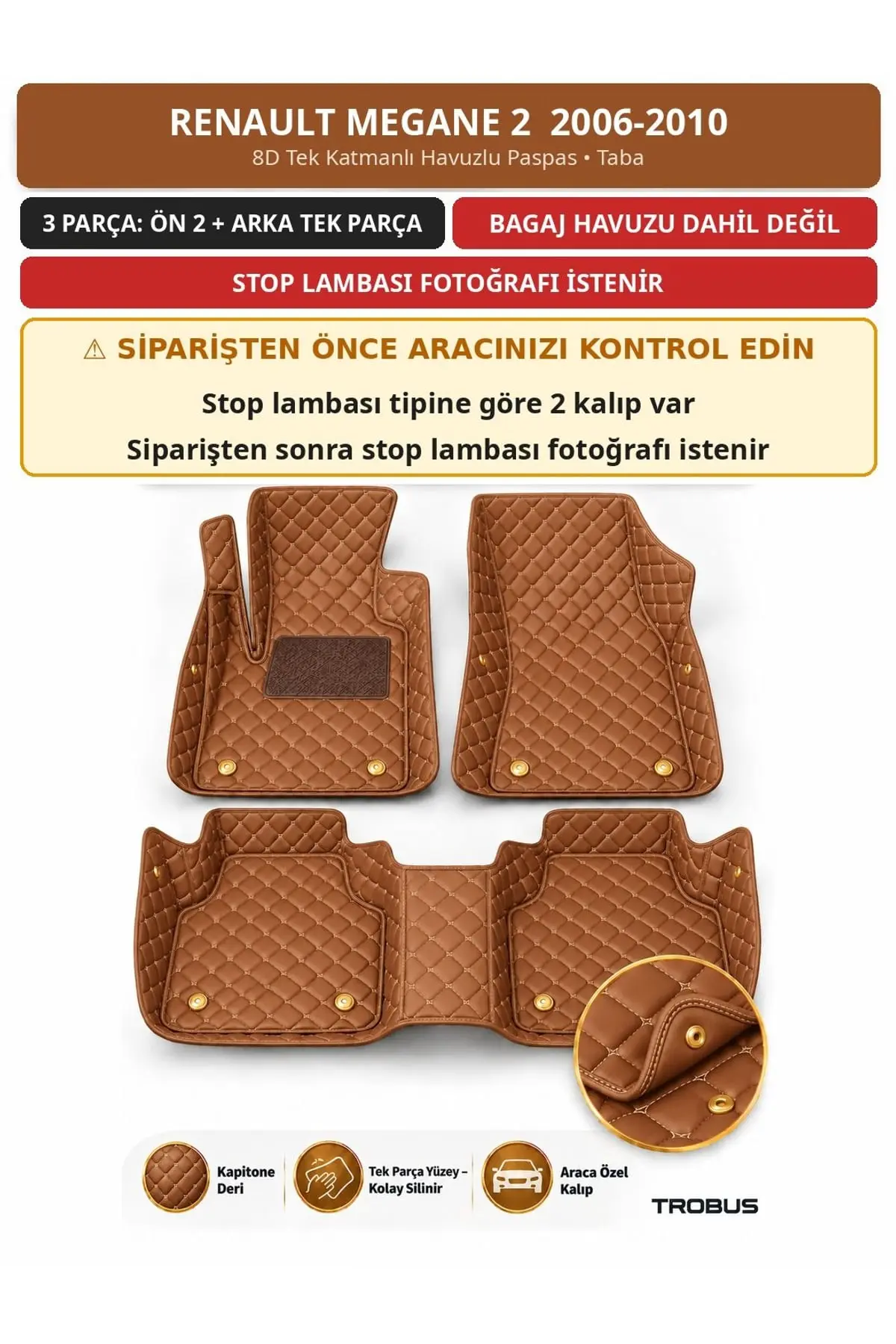 Renault Megane 2 2006-2010 8D Tek Katmanlı Havuzlu Paspas Kapitone Deri Taba 1
