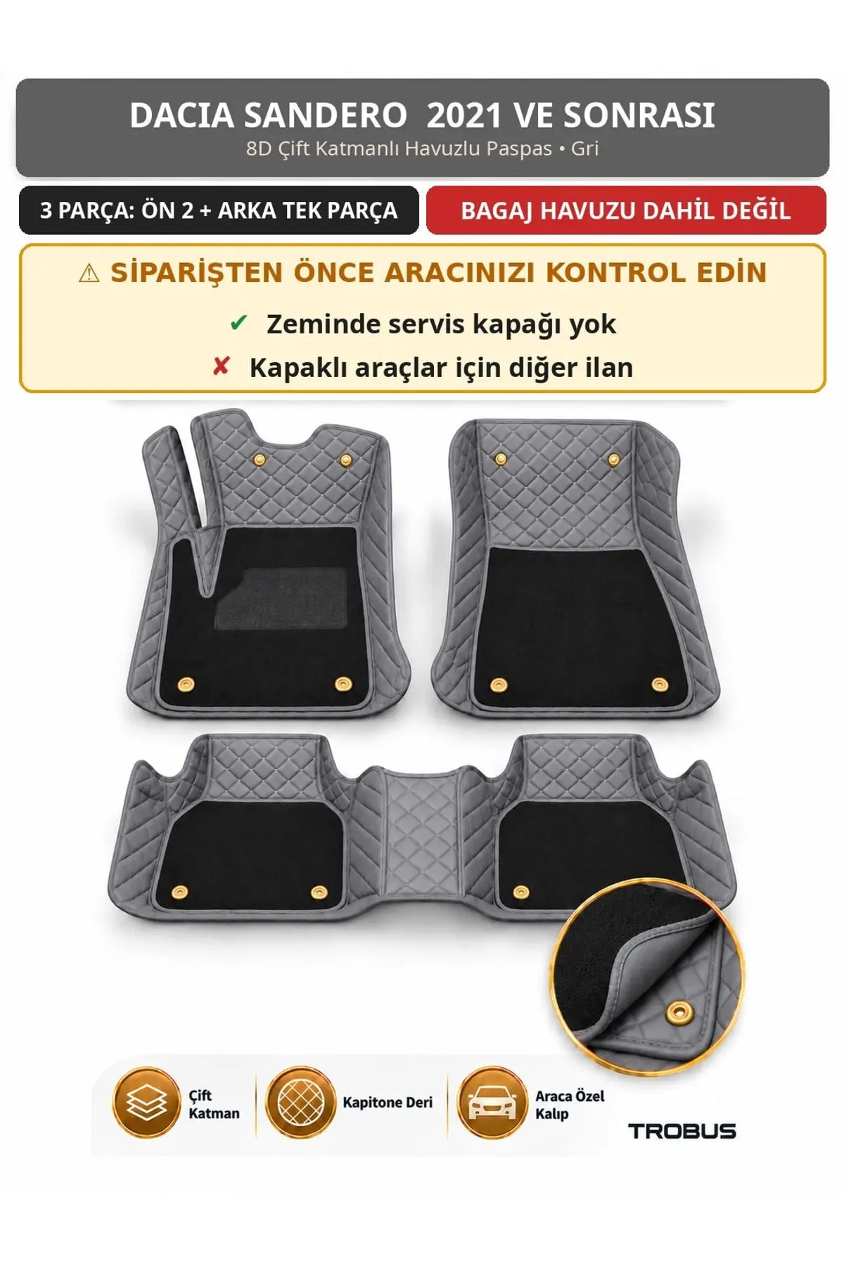 Dacia Sandero 2021+ Servis Kapaksız 8D Çift Katmanlı Havuzlu Paspas Kapitone Deri Gri 1