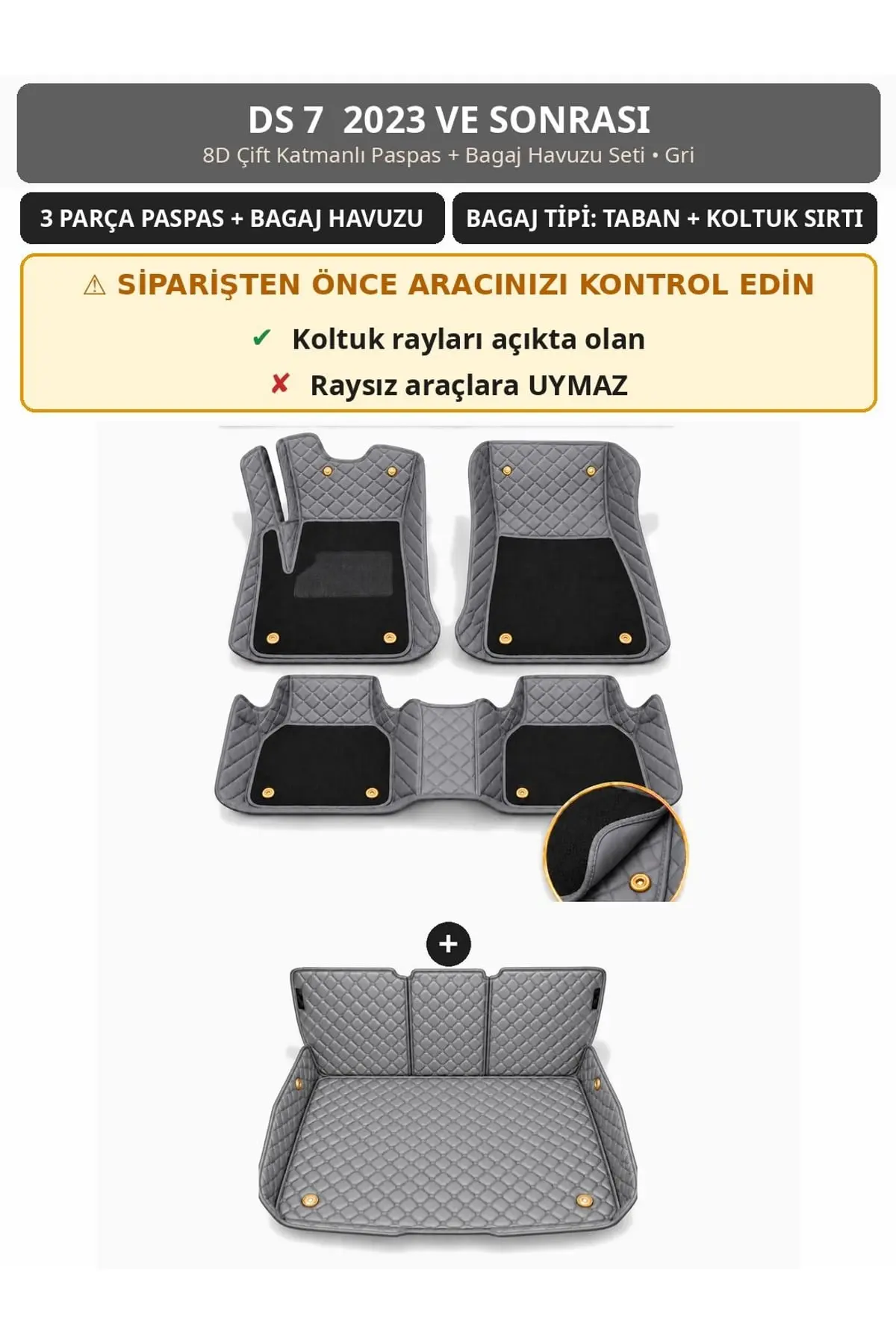 DS 7 2023+ 8D Çift Katmanlı Paspas + Bagaj Havuzu Seti Gri 1
