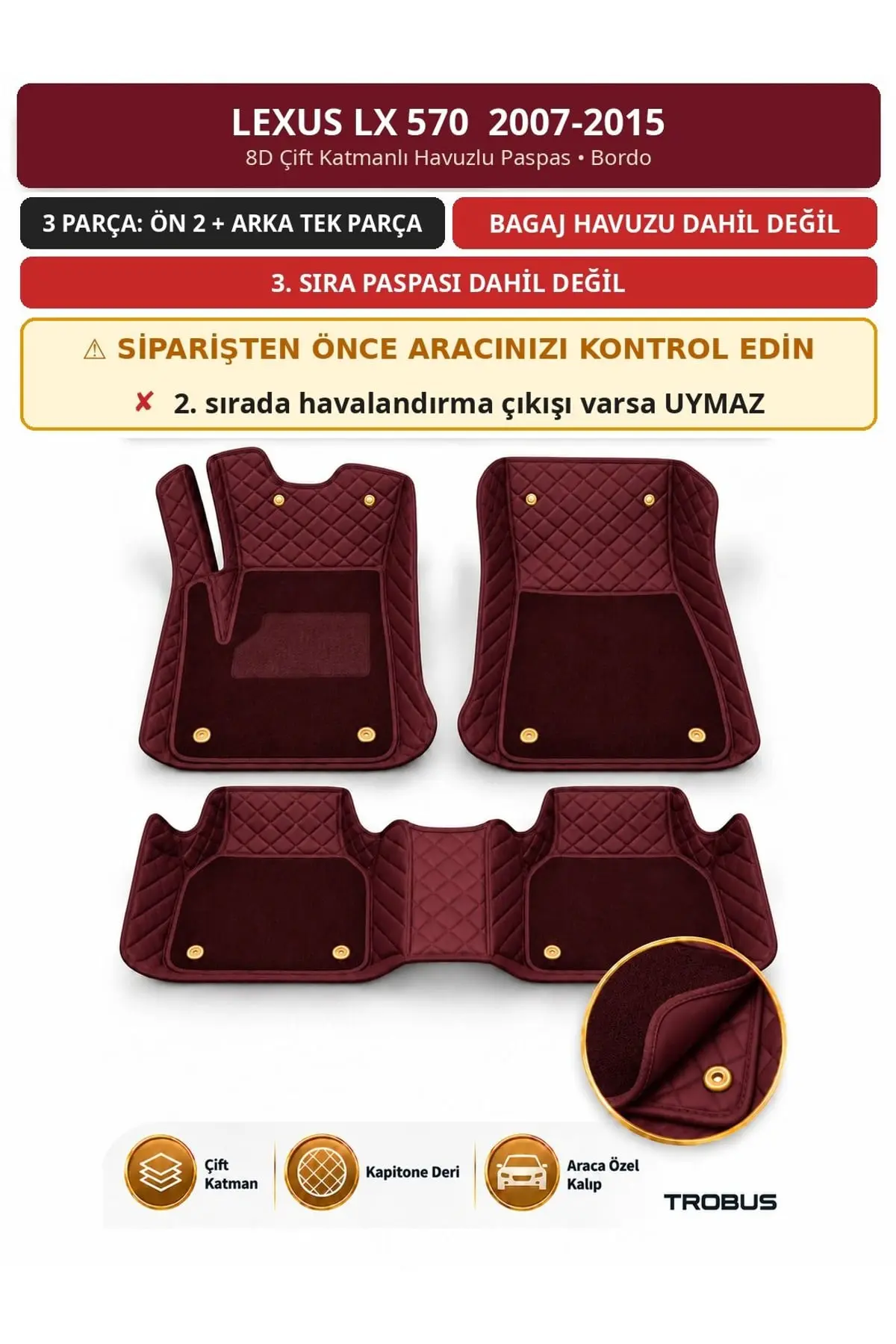 Lexus LX 570 2007-2015 8D Çift Katmanlı Havuzlu Paspas Kapitone Deri Bordo 1