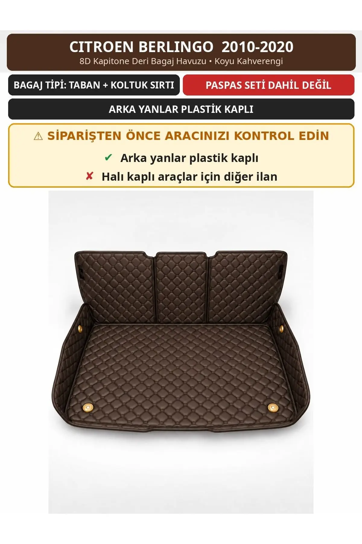 Citroen Berlingo 2010-2020 Arka Yan Plastik 8D Deri Bagaj Havuzu Sırt Kaplamalı Koyu Kahverengi 1