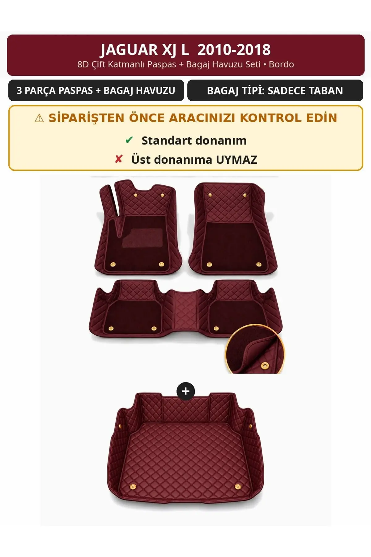 Jaguar XJ L 2010-2018 8D Çift Katmanlı Paspas + Bagaj Havuzu Seti Bordo 1