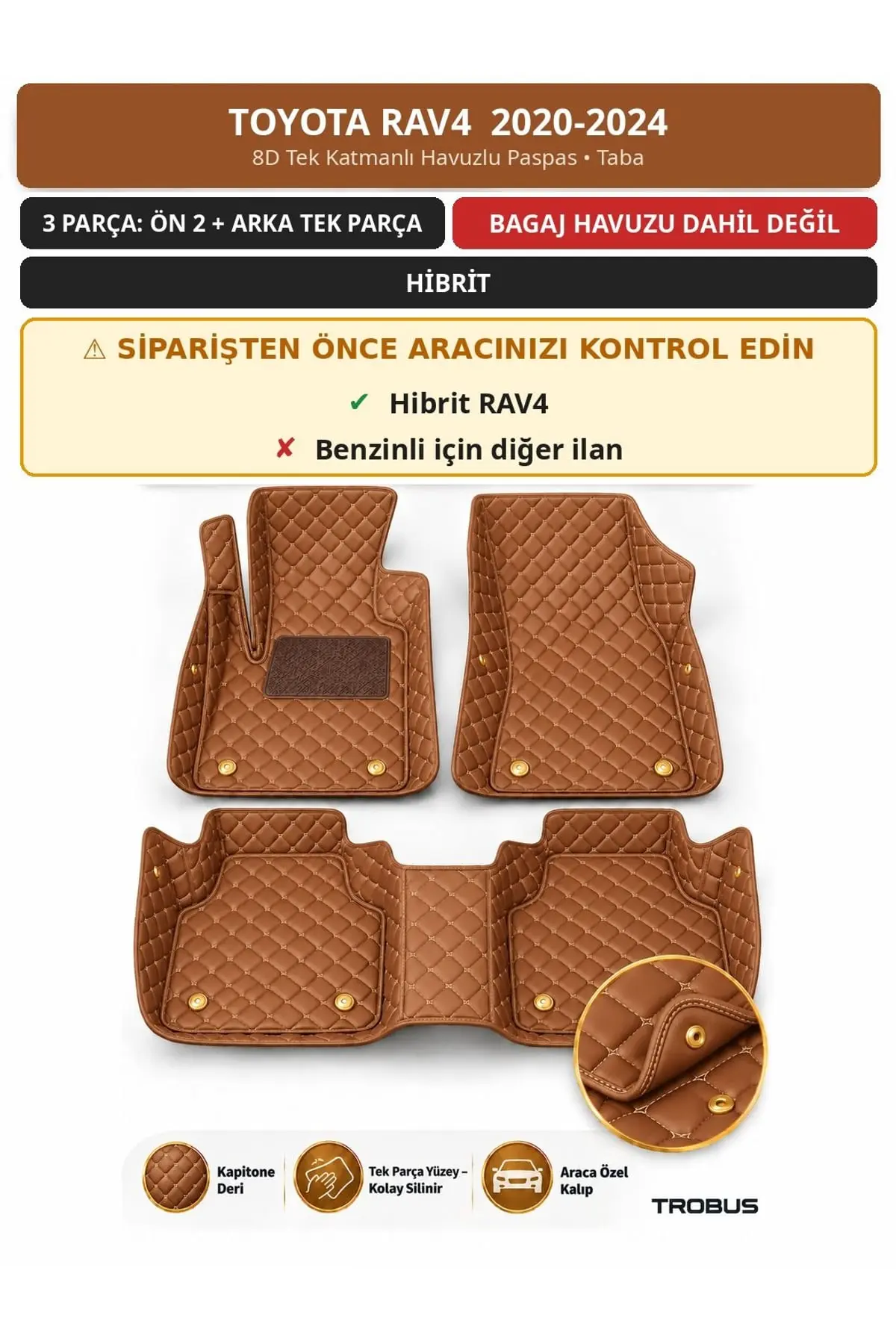 Toyota RAV4 2020-2024 Hibrit 8D Tek Katmanlı Havuzlu Paspas Kapitone Deri Taba 1