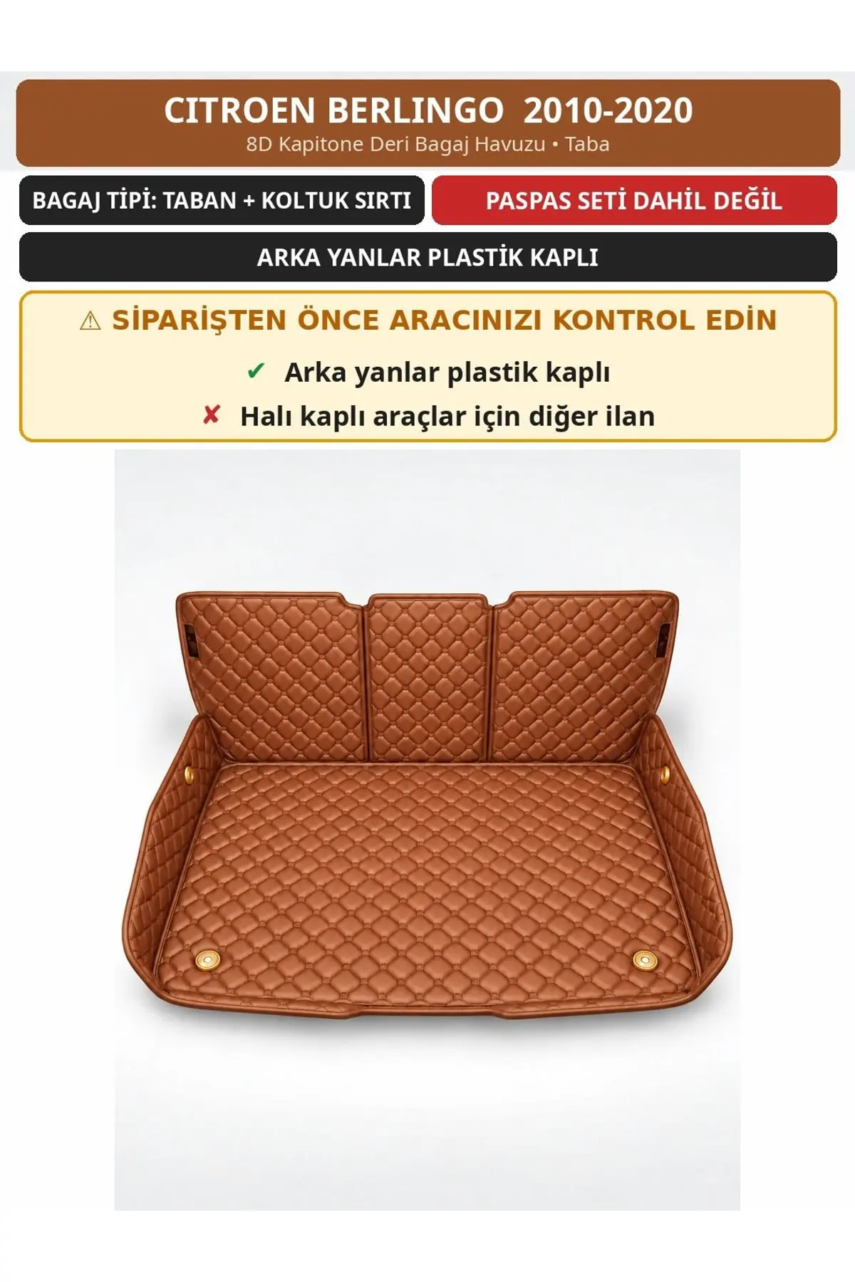 Citroen Berlingo 2010-2020 Arka Yan Plastik 8D Kapitone Deri Bagaj Havuzu Sırt Kaplamalı Taba 1