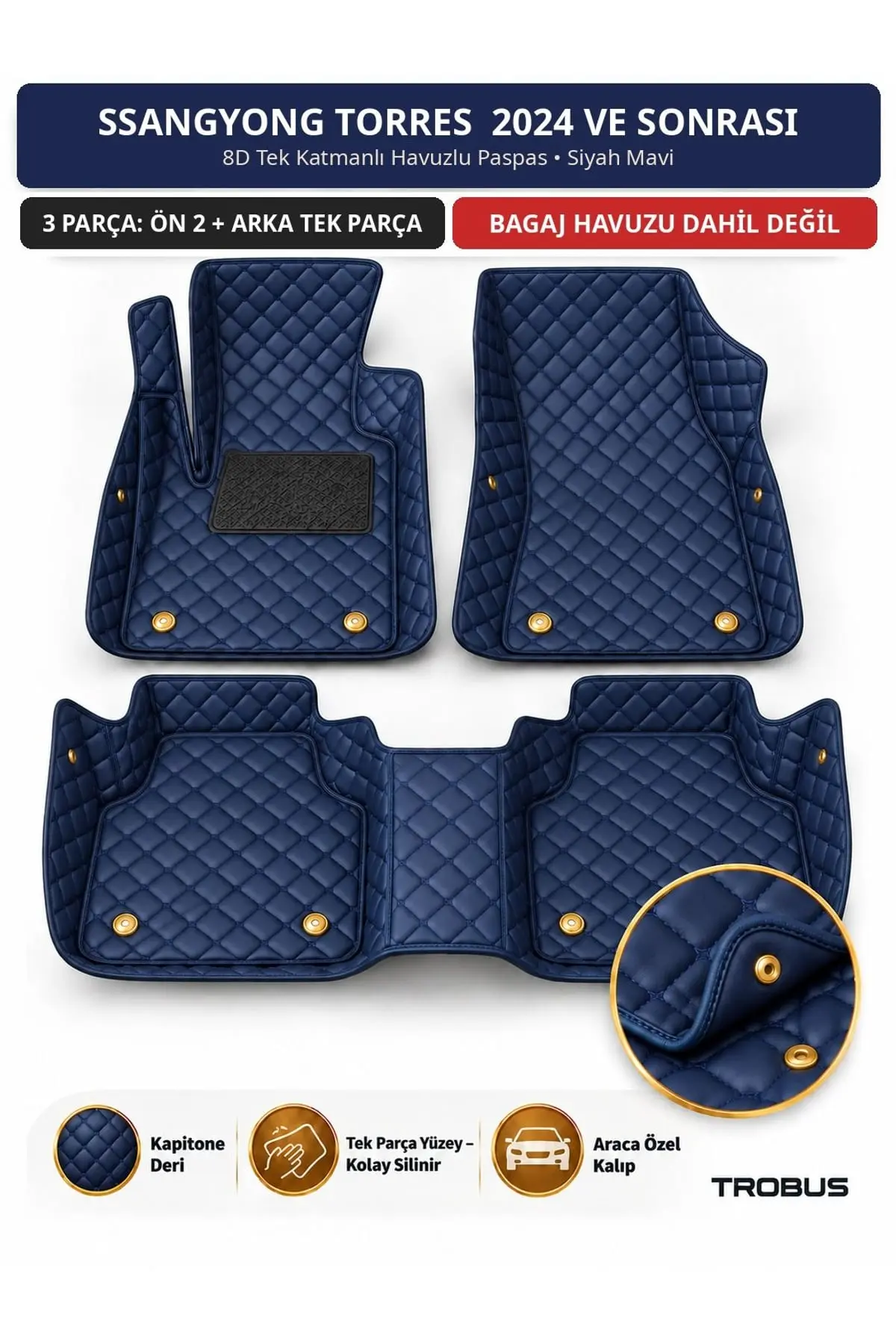 SsangYong Torres 2024+ 8D Tek Katmanlı Havuzlu Paspas Kapitone Deri Siyah Mavi 1
