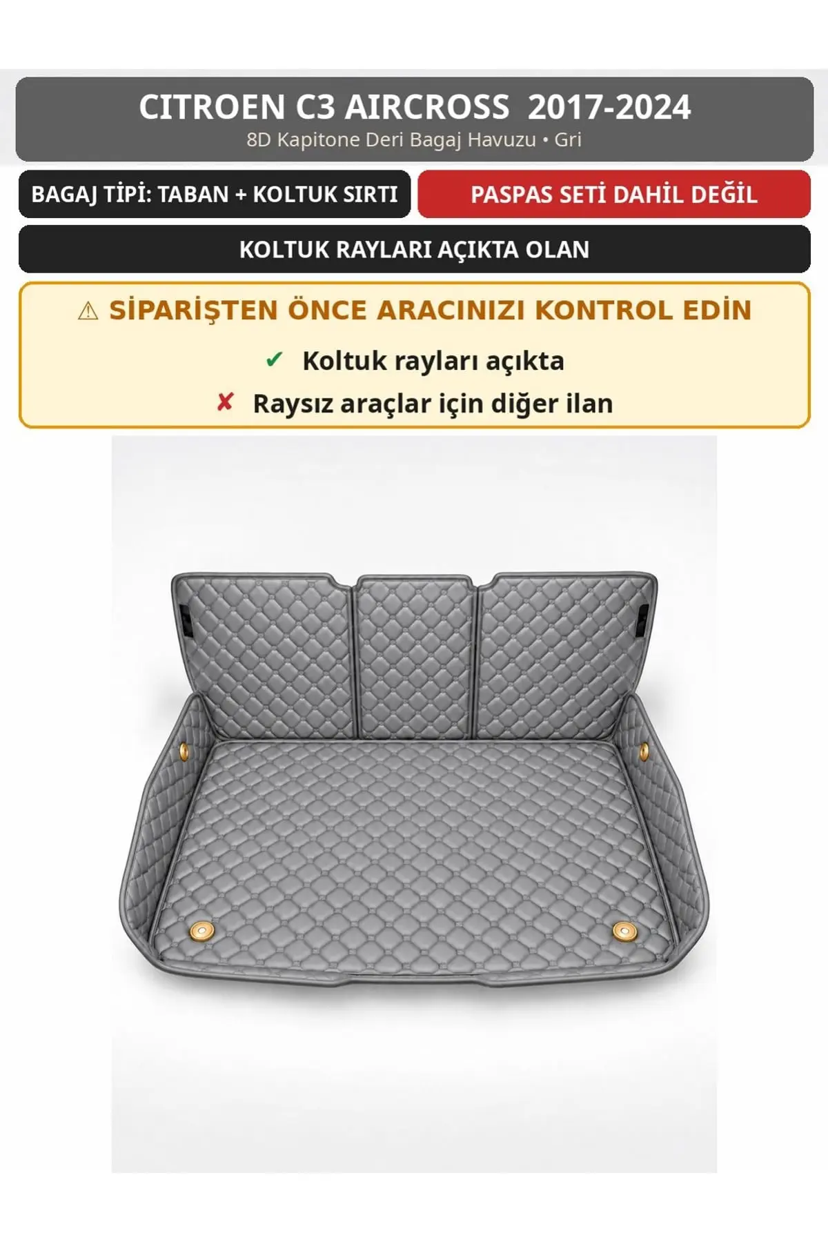 Citroen C3 Aircross 2017-2024 Koltuk Rayı Açık 8D Deri Bagaj Havuzu Sırt Kaplamalı Gri 1