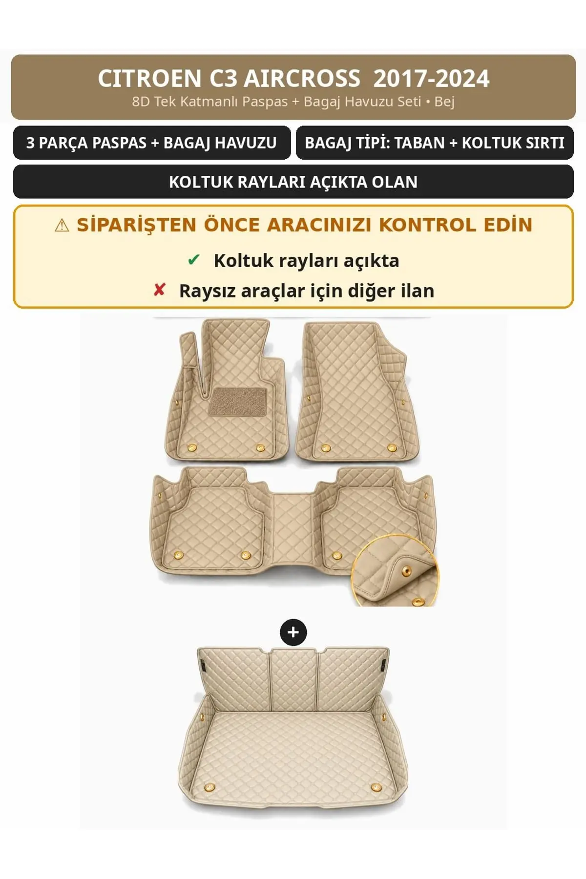 Citroen C3 Aircross 2017-2024 Koltuk Rayı Açık 8D Tek Katmanlı Paspas + Bagaj Havuzu Seti Bej 1