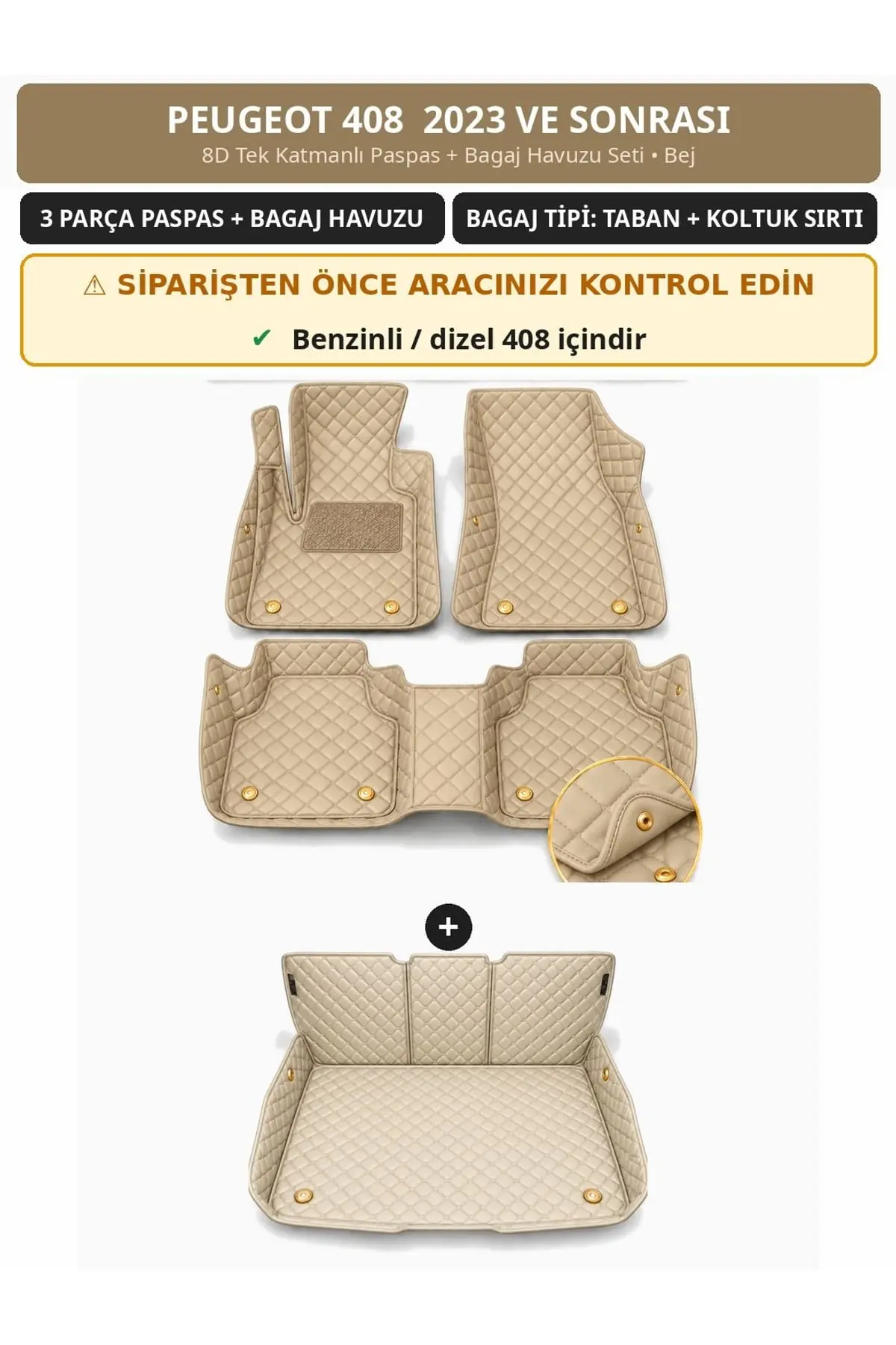 Peugeot 408 2023+ 8D Tek Katmanlı Paspas + Bagaj Havuzu Seti Bej 1