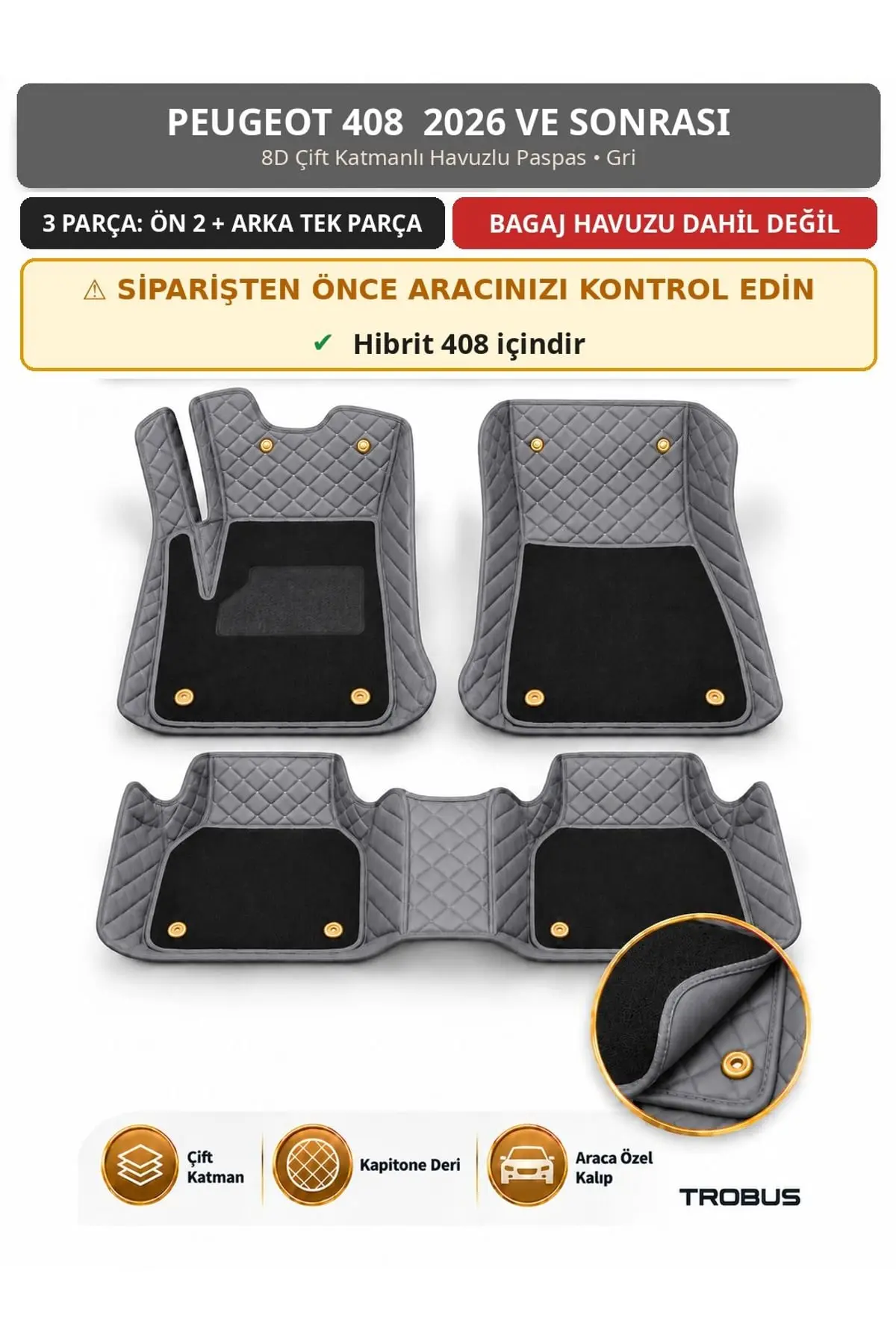 Peugeot 408 2026+ Hibrit 8D Çift Katmanlı Havuzlu Paspas Kapitone Deri Gri 1