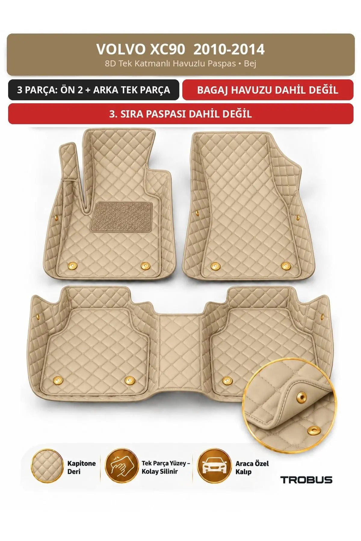 Volvo XC90 2010-2014 8D Tek Katmanlı Havuzlu Paspas Kapitone Deri Bej 1