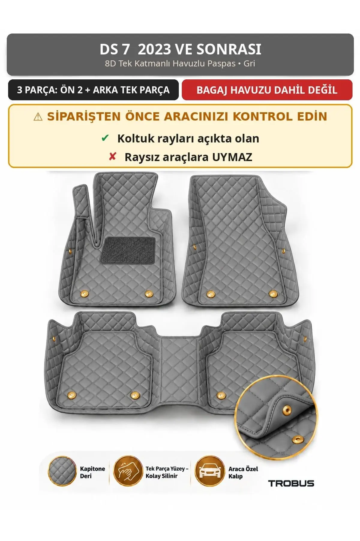 DS 7 2023+ 8D Tek Katmanlı Havuzlu Paspas Kapitone Deri Gri 1