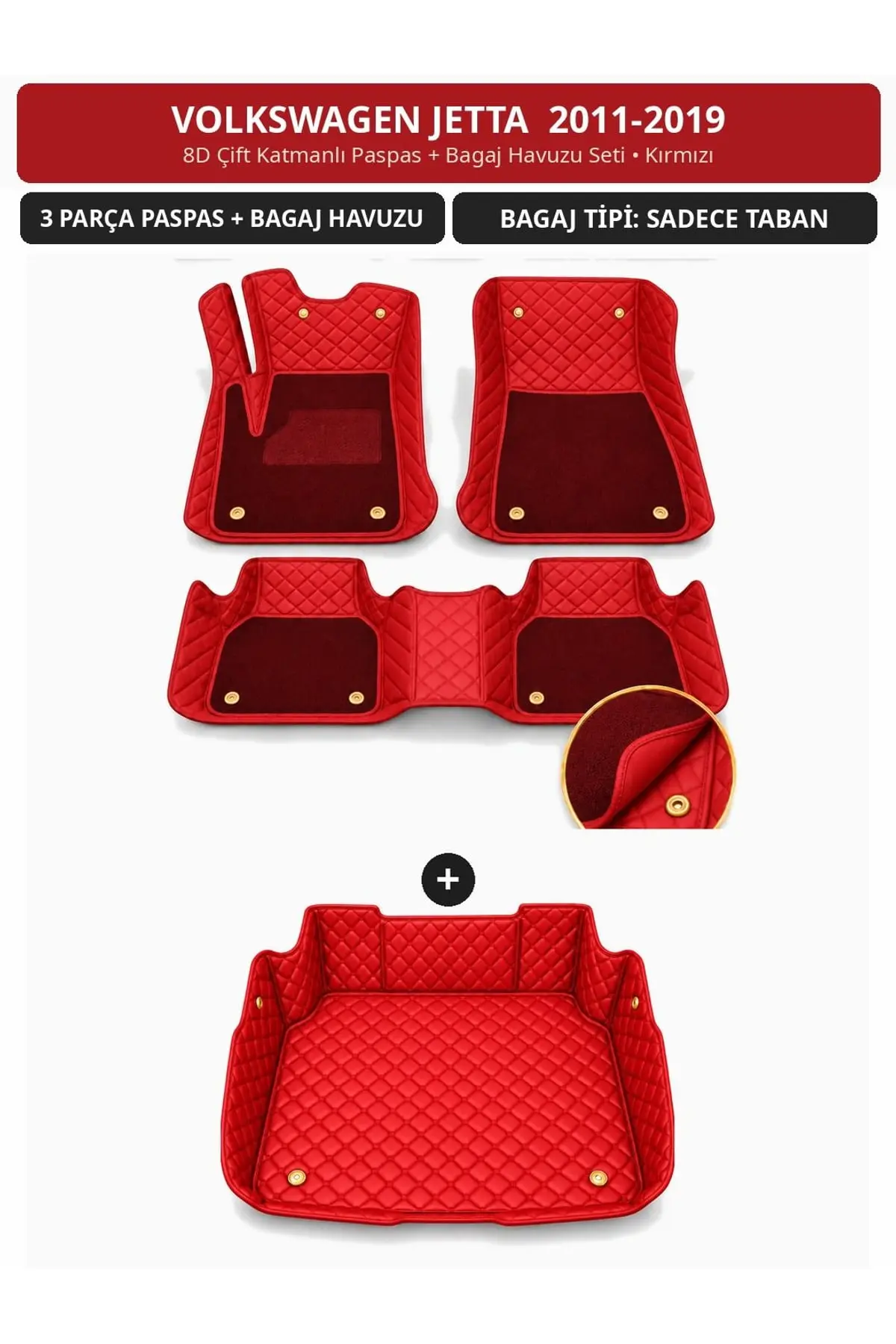 Volkswagen Jetta 2011-2019 8D Çift Katmanlı Paspas + Bagaj Havuzu Seti Kırmızı 1
