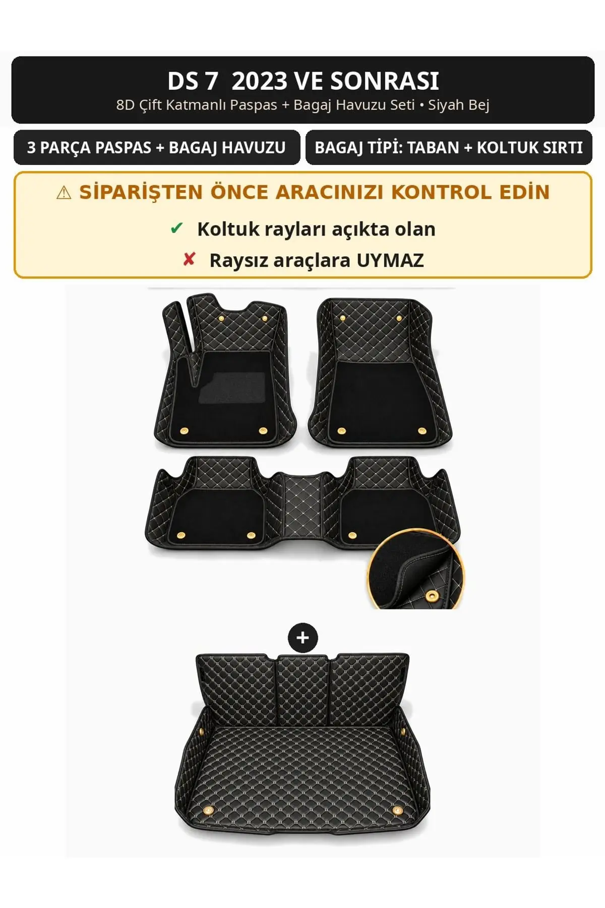 DS 7 2023+ 8D Çift Katmanlı Paspas + Bagaj Havuzu Seti Siyah Bej 1