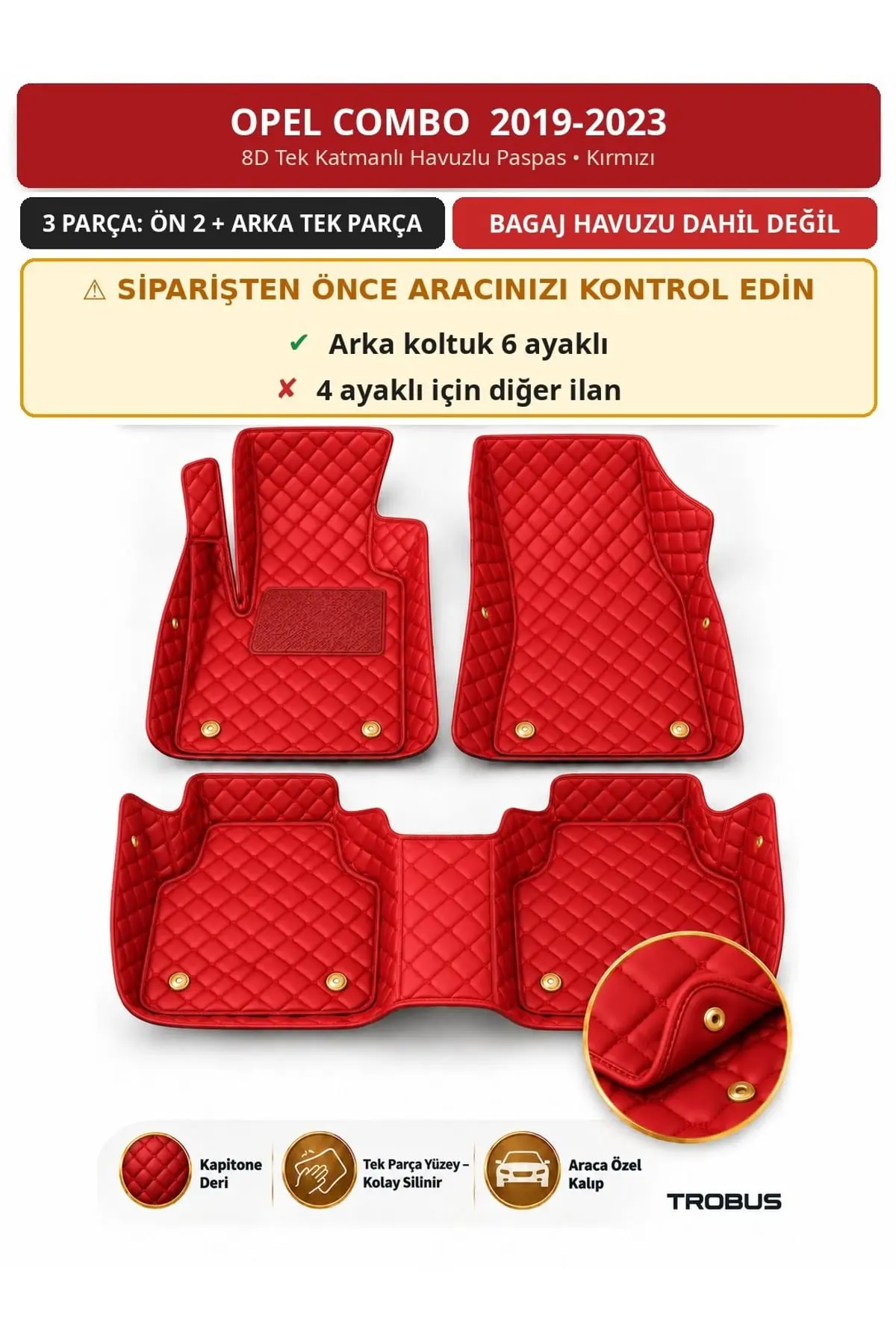 Opel Combo 2019-2023 6 Ayaklı Arka Koltuk 8D Tek Katmanlı Havuzlu Paspas Deri Kırmızı 1
