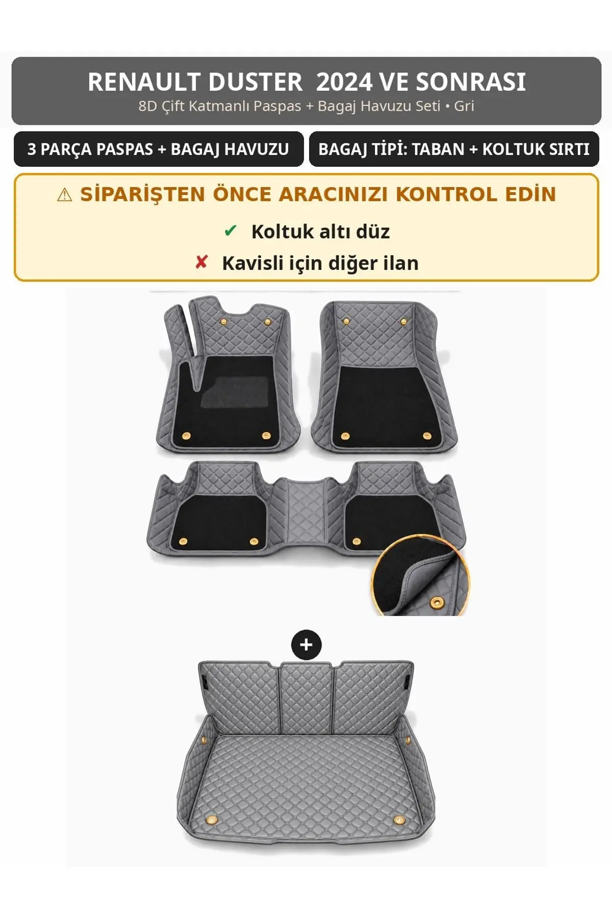 Renault Duster 2024+ Düz Koltuk Altı 8D Çift Katmanlı Paspas + Bagaj Havuzu Seti Gri 1